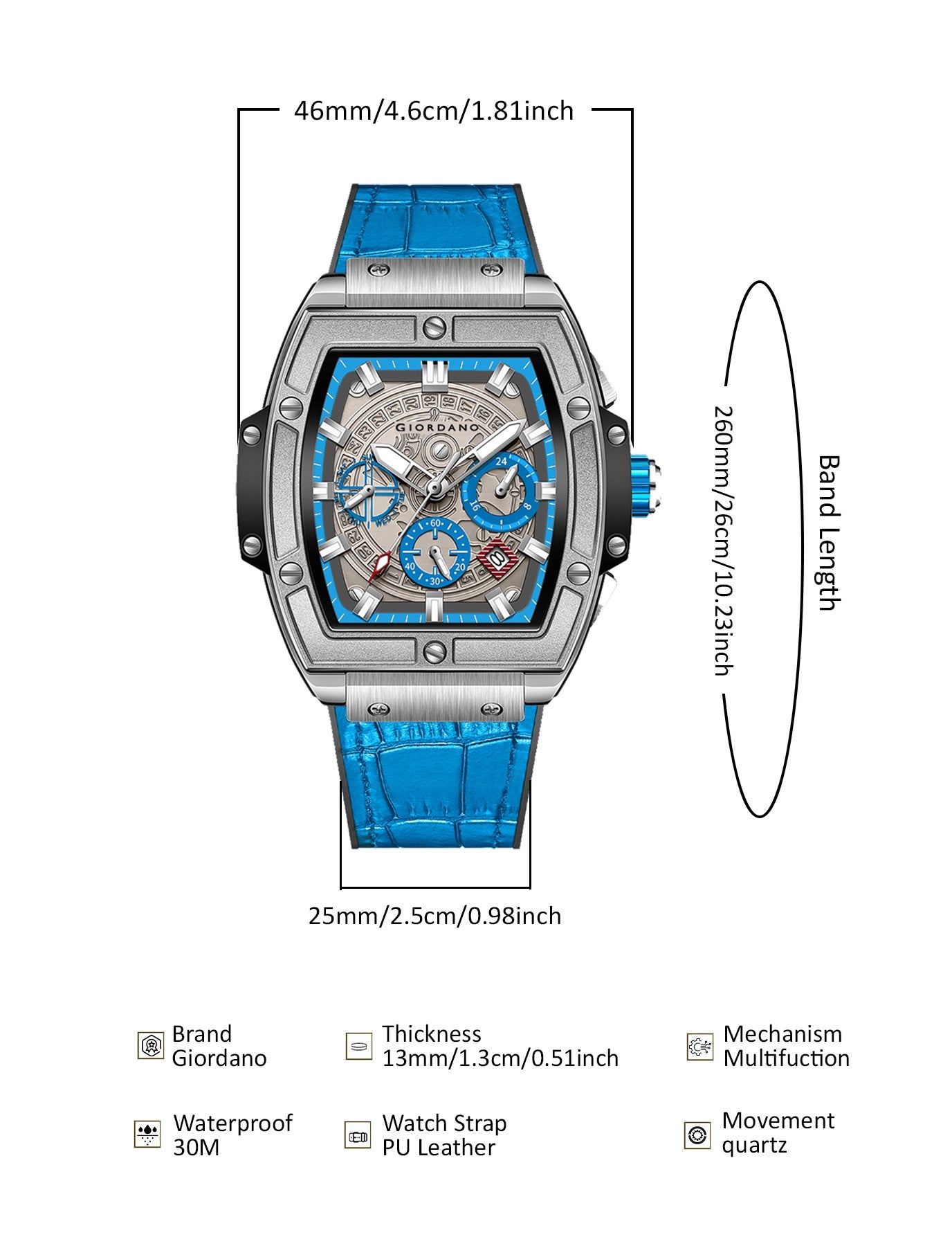 Giordano Terminator Blue Leather Multifunction Watch for men - with Day, Date, and 24-Hour Sub-Dials | Water Resistant Square Dial Unique Design Wrist Watch for Man | GZ-50098-05
