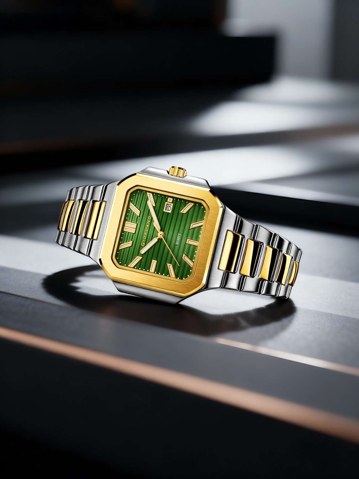 GIORDANO Analog Square Watch for Men – Textured Dial, Two-Tone Stainless Steel Strap, Quartz Movement and Date Display - GZ-50174-33