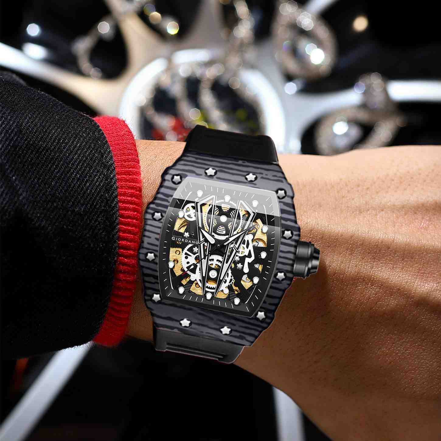 GIORDANO Automatic Square Watch for Men with Skeleton Design, Rugged Textured Case, Luminous Hands, and Silicone Strap - GZ-50181-11