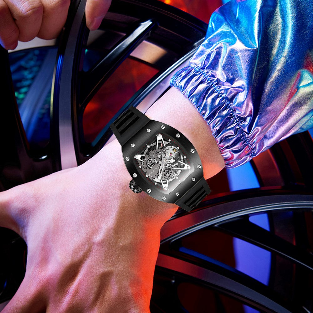 Giordano Automatic Wrist Watch for Men - Open Skeleton Dial | Brushed Steel Case Mechanical Movement with Silicone Strap | GZ-50145-01