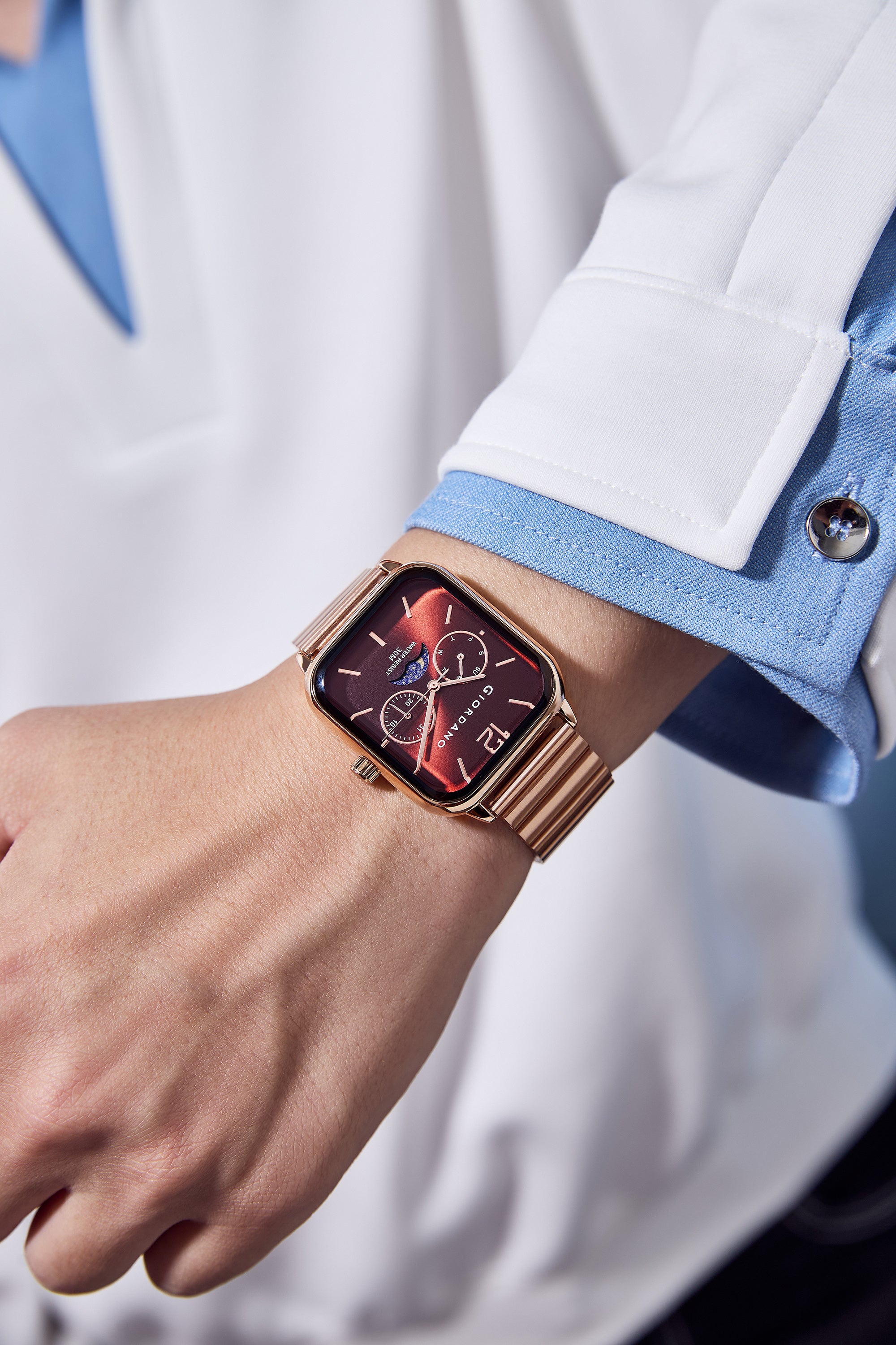 Giordano Silver  Classic Square Analog Watch for Men with Moon Phase Display and Stainless Steel Strap GZ-50117-55