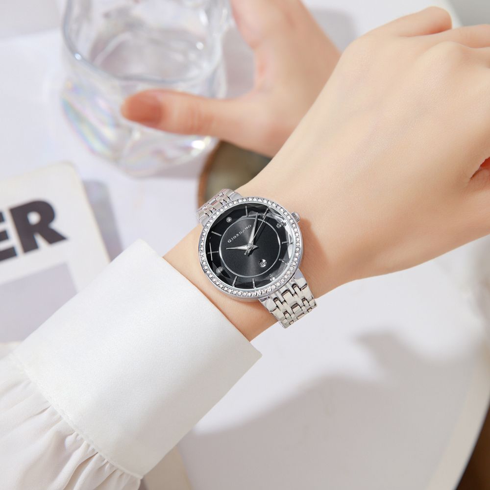 Giordano Stylish Analog Watch for Women – Round cut glass Dial,diamond studed bezel, stainess steel strap and date display | GZ-60110-11