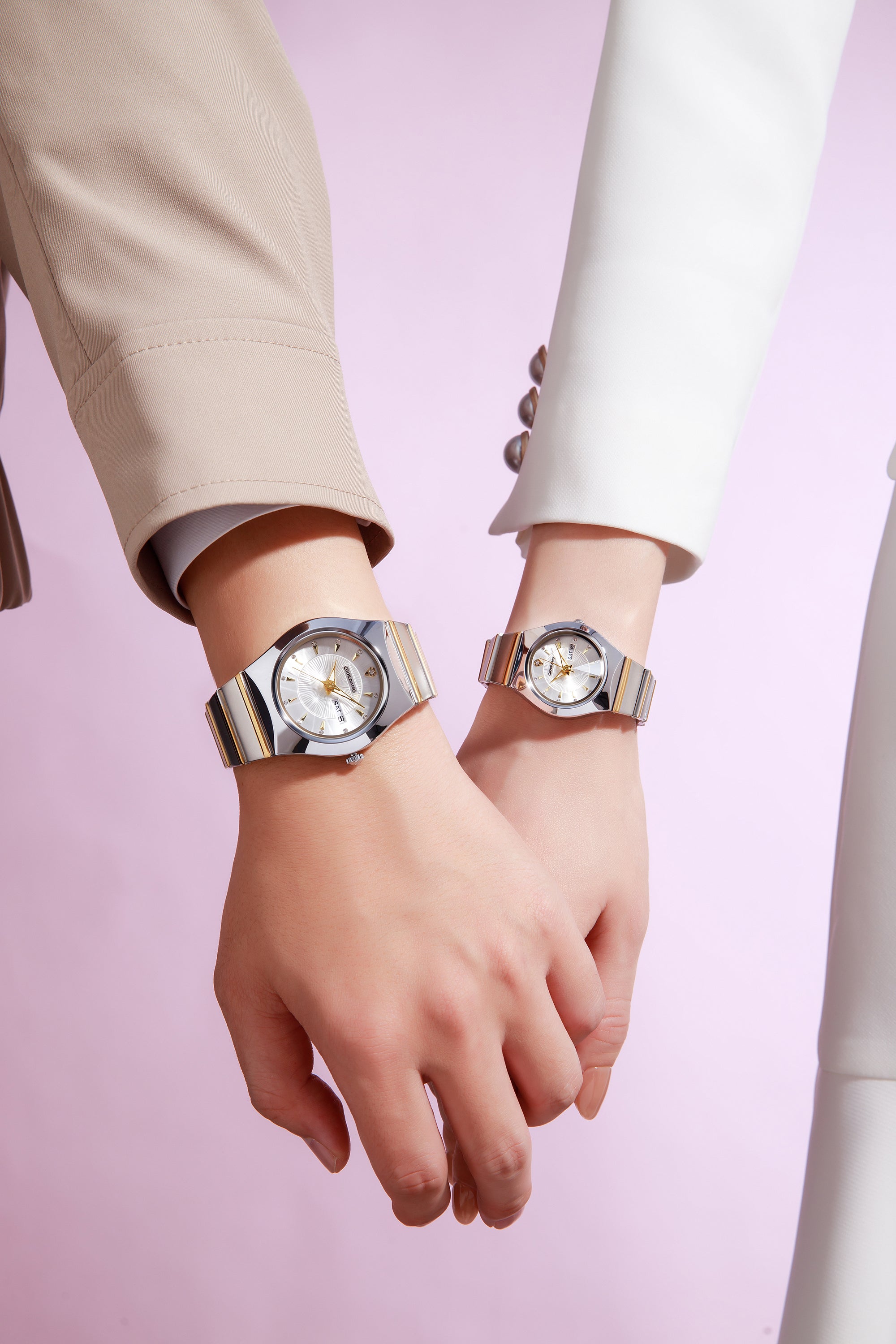 Giordano Analog Pair Watch For Unisex With Round Dial, Crystal Indices , Date Display And Stainless Steel Strap GZ-990-SET-22