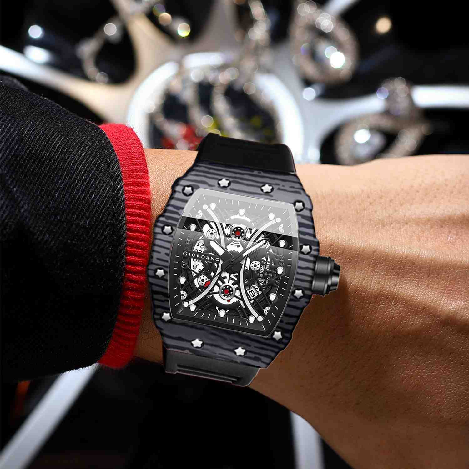 GIORDANO Analog Square Watch for Men with Skeleton Design, Rugged Textured Case, Luminous Hands, and Silicone Strap - GZ-50180-11