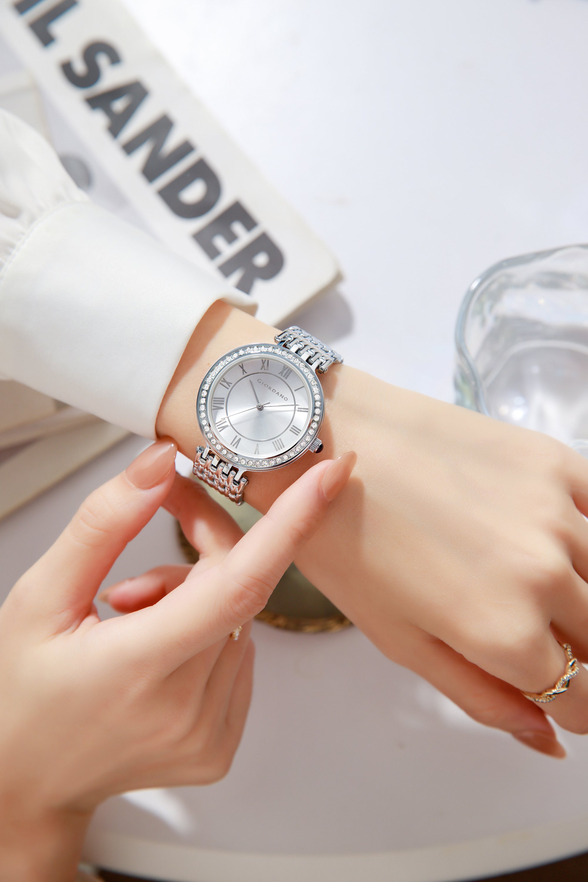 Giordano Eleganza Collection Watch for Women with Stainless Steel Strap and Crystal Embellished Bezel, Roman Numerals-A2083-77