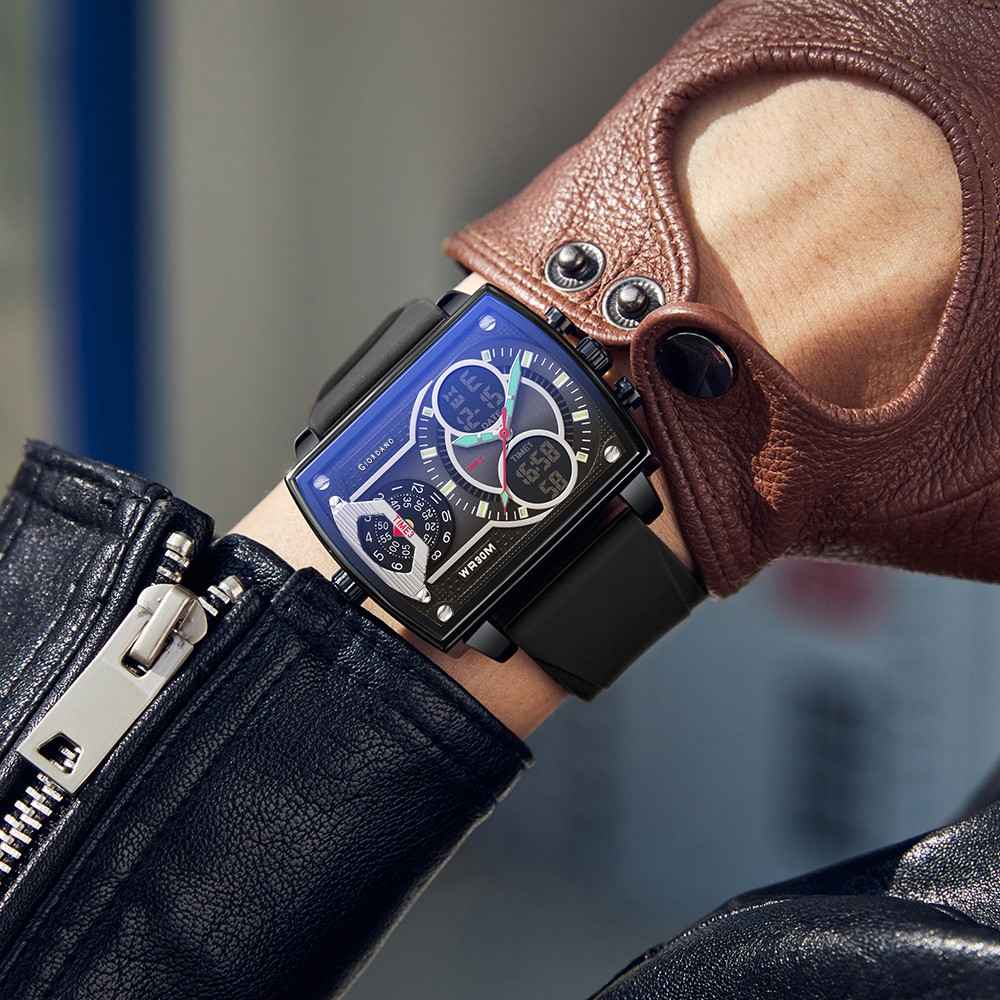 Giordano Square Hybrid Analog-Digital Watch for Men – Triple Time Zone Display with Quartz Precision & Durable Sport Grade Silicone Strap GZ-50161-01