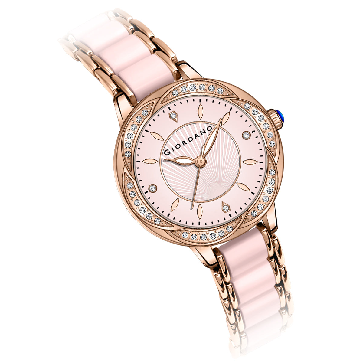 Giordano Flower Case Watch for Women with Crystal-Studded Bezel, Diamond Hour Markers & Dual Tone Stainless Strap | GZ-60095-22