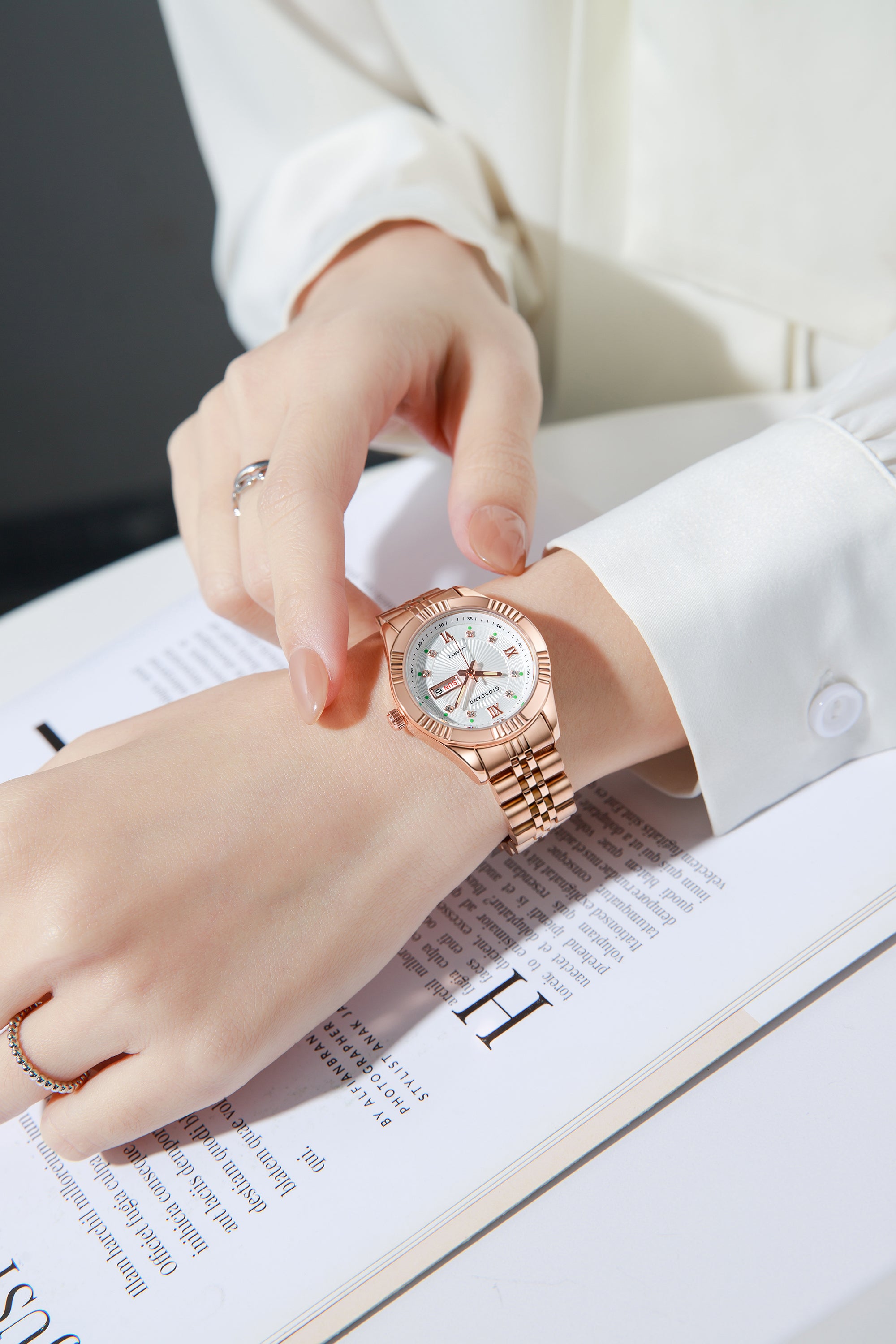 Giordano Analog Quartz Watch for Women with Day & Date Display, Textured Dial, Diamond Hour Markers, Roman Numerals Stainless Steel Strap - GZ-60172-55