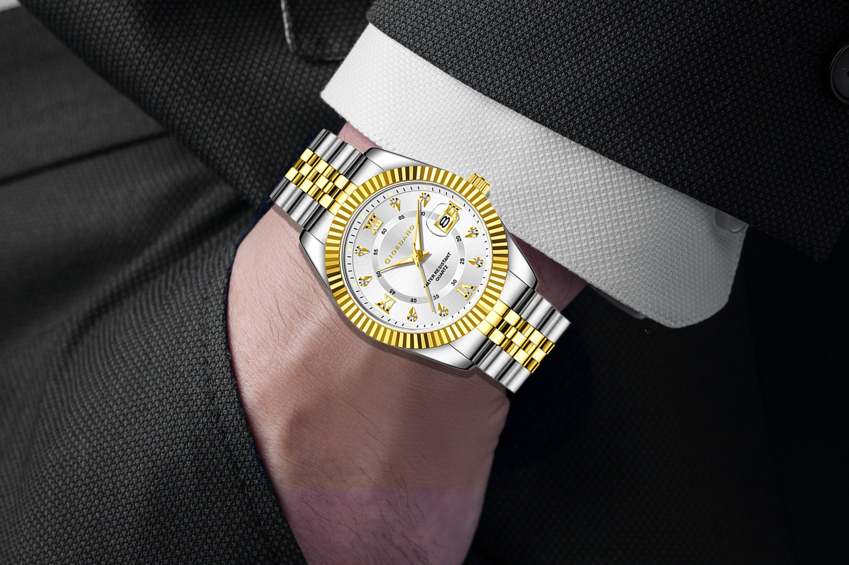 Giordano Analog Watch For Men - Dual-Tone Stainless Steel Strap, Crystal Indices And Fluted Bezel GZ-50139-55