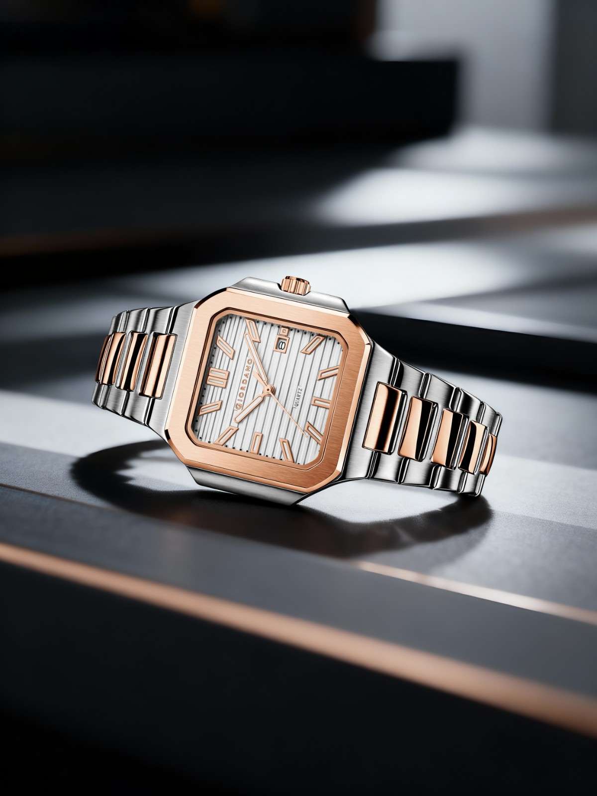 GIORDANO Analog Square Watch for Men – Textured Dial, Two-Tone Stainless Steel Strap, Quartz Movement and Date Display - GZ-50174-22