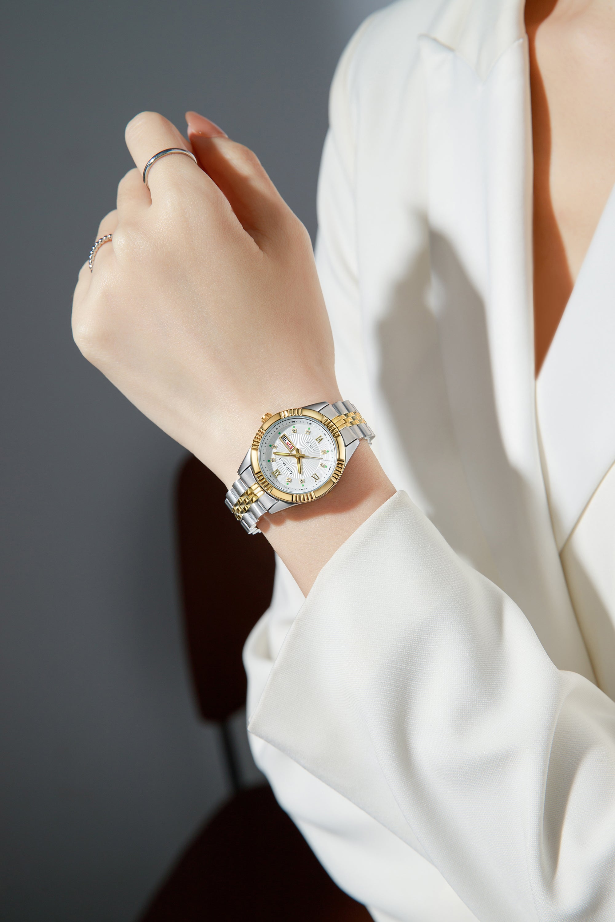 Giordano Analog Quartz Watch for Women with Day & Date Display, Textured Dial, Diamond Hour Markers, Roman Numerals Stainless Steel Strap - GZ-60172-22