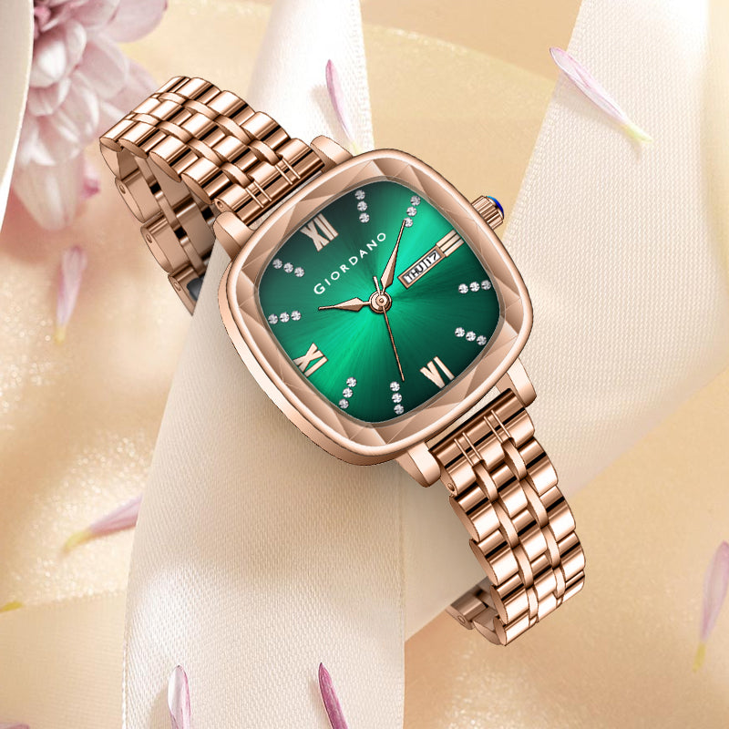 Giordano Elegant Square Rose Gold Watch for Women – Crystal & Roman Hour Markers, Day-Date Display, Stainless Steel Strap | GZ-60097-33