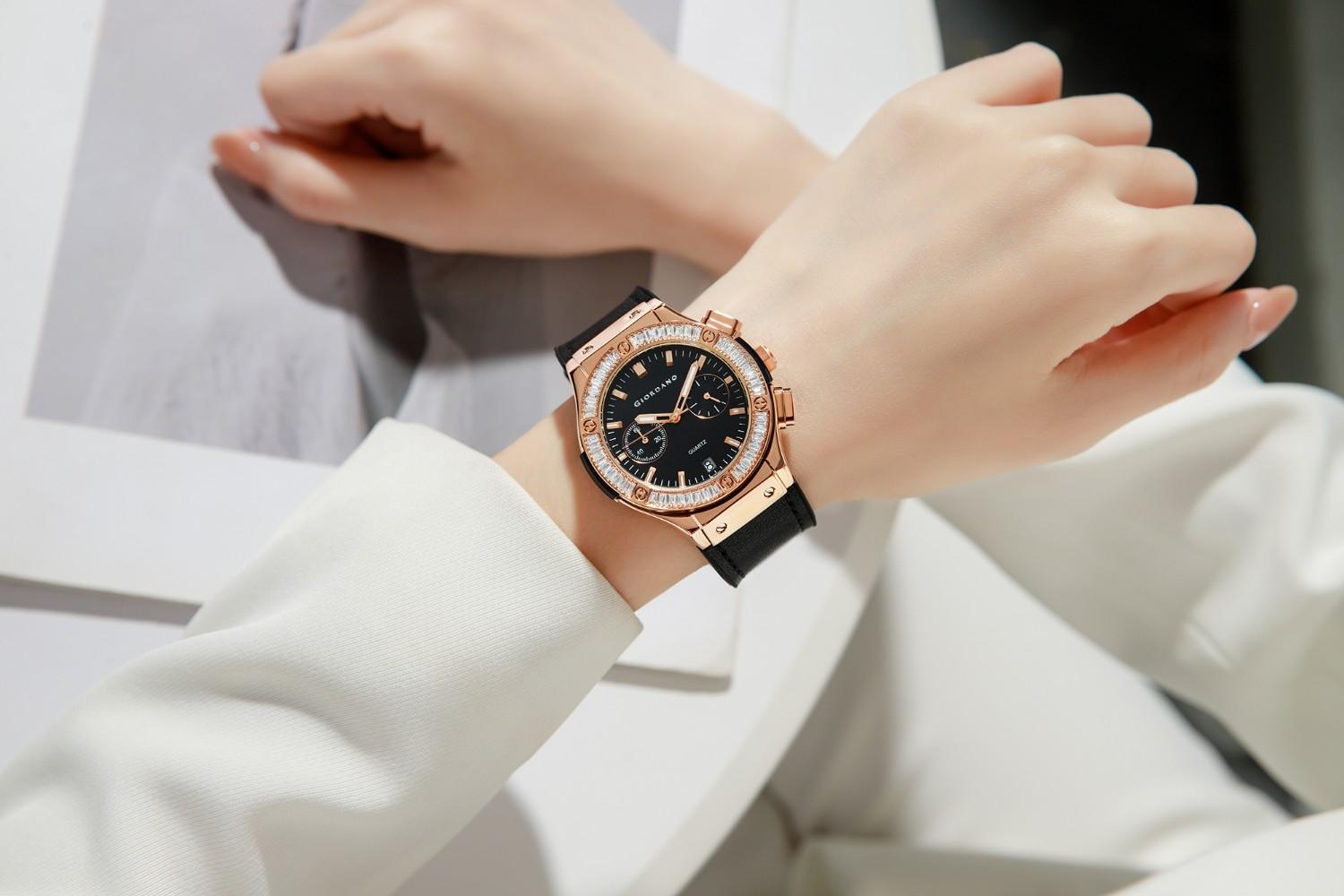 Giordano analog Watch for Women  – Round Dial,  Leather Strap, Crystal-Studded Bezel with Quartz Movement-GZ-60093-06