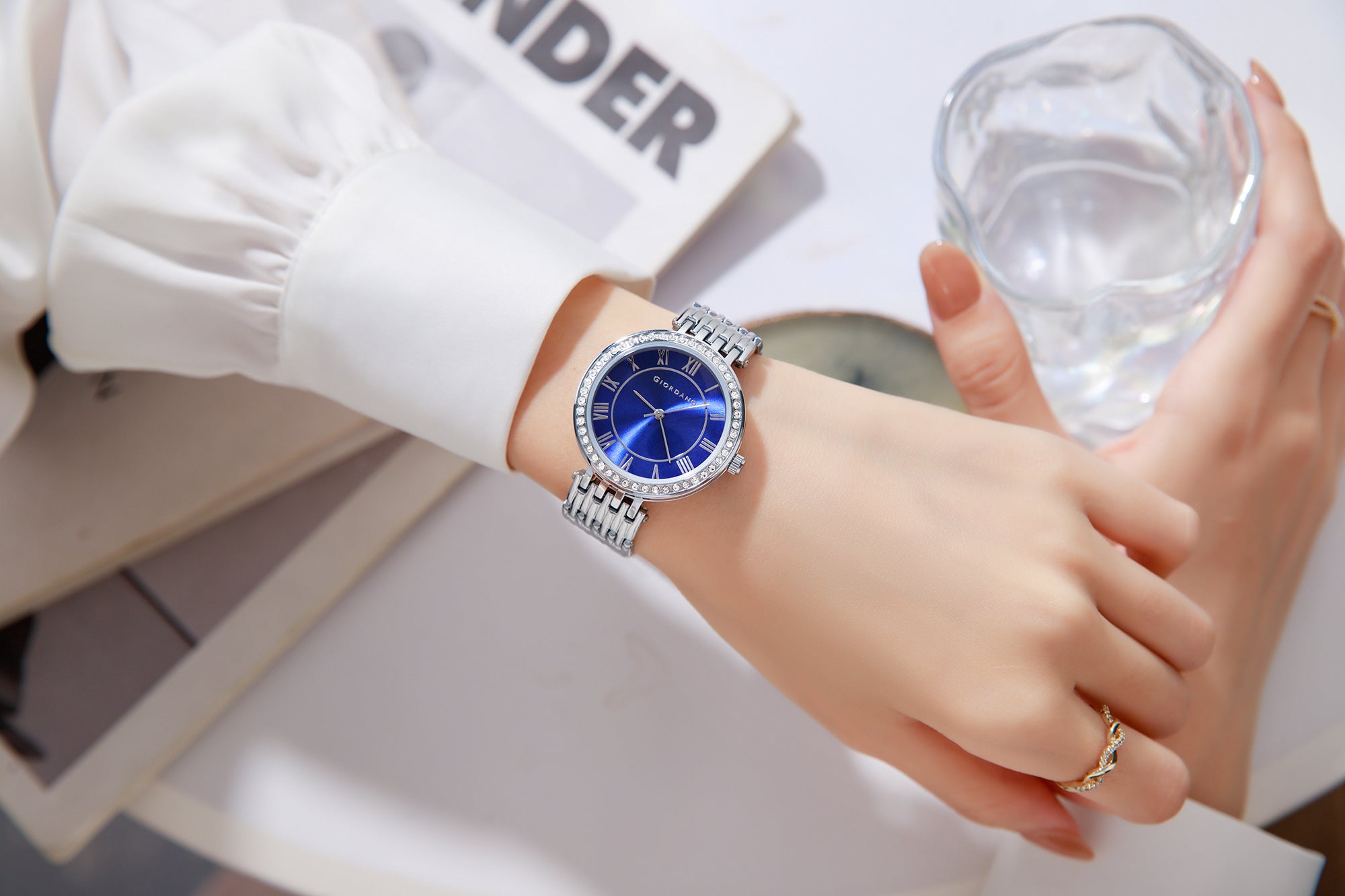 Giordano Eleganza Collection Watch for Women with Stainless Steel Strap and Crystal Embellished Bezel, Roman Numerals-A2083-11