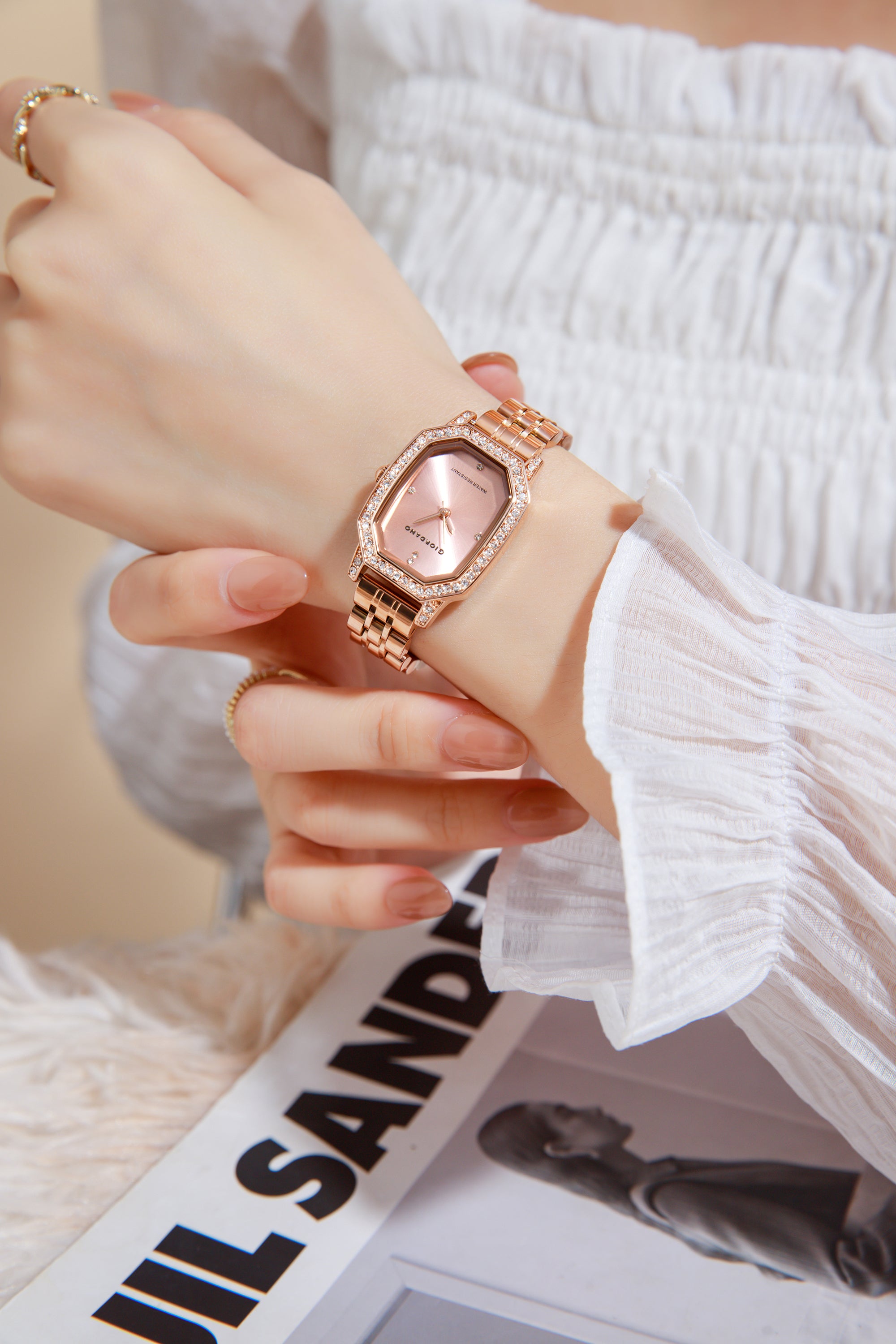 Giordano Elegant Analog Watch for Women – Classic octagonal Dial, diamond bezel and rose gold stainless steel strap | GZ-60114-22