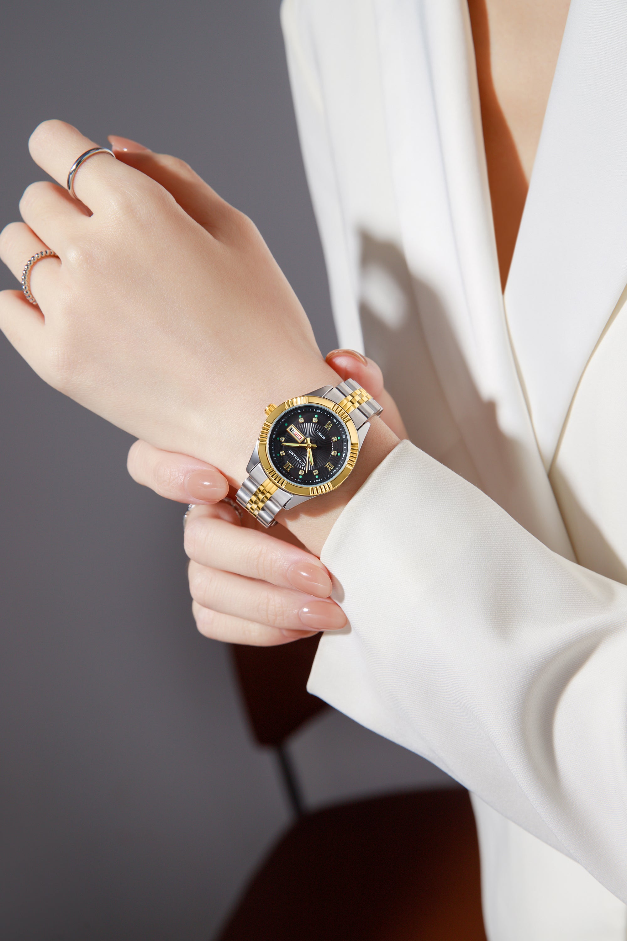 Giordano Analog Quartz Watch for Women with Day & Date Display, Textured Dial, Diamond Hour Markers, Roman Numerals Stainless Steel Strap - GZ-60172-11