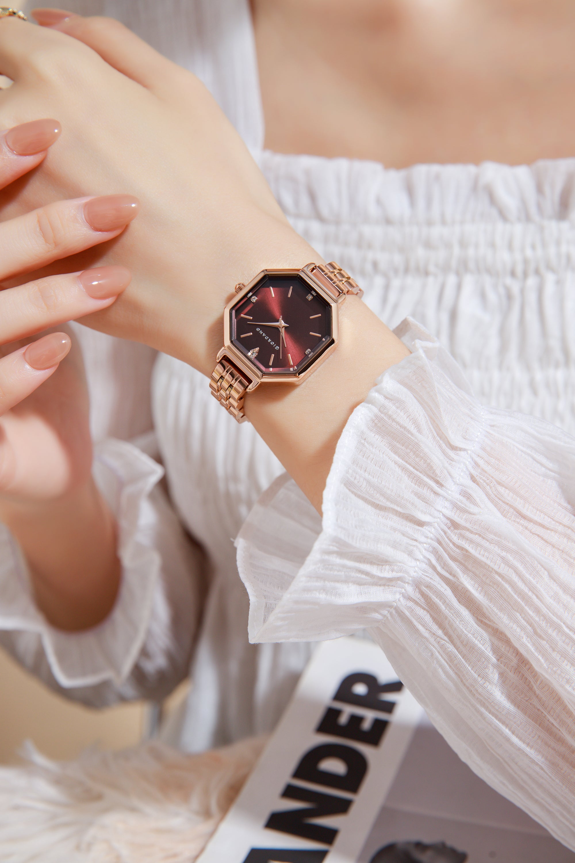 Giordano Analog Watch for Women – Classic octagonal gloss finish Dial with rose gold stainless steel strap | GZ-60113-11