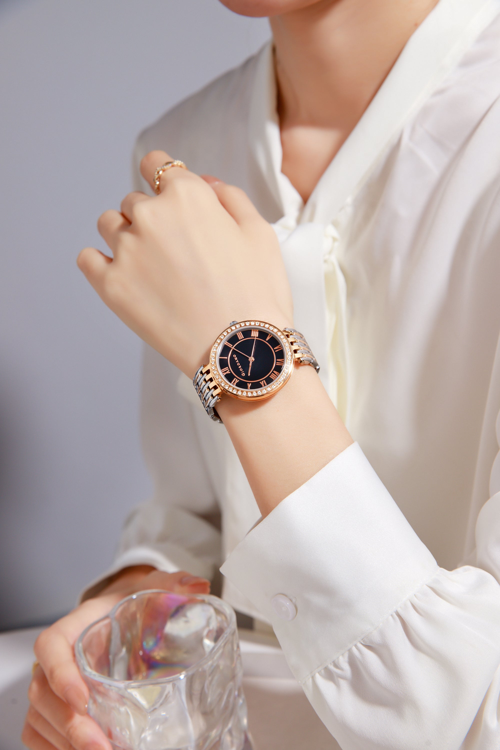 Giordano Eleganza Collection Watch for Women with Stainless Steel Strap and Crystal Embellished Bezel, Roman Numerals-A2083-44