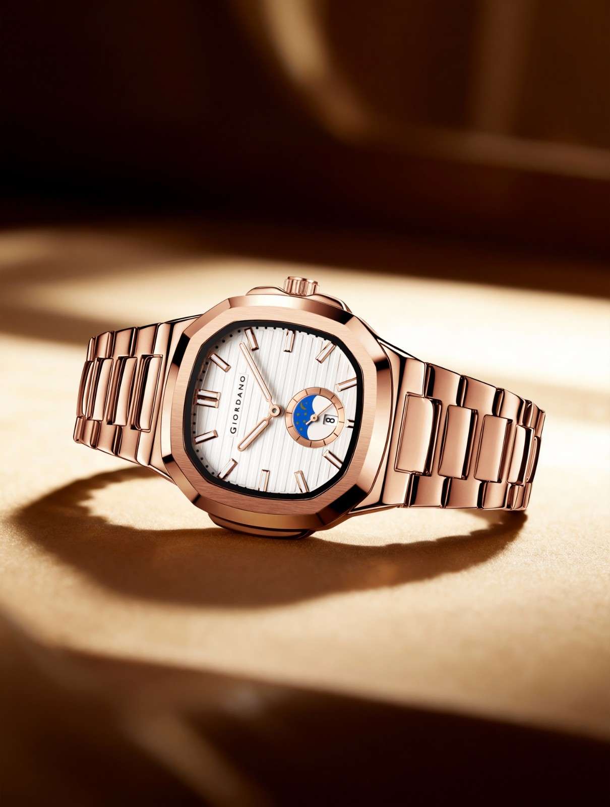 GIORDANO Analog Watch for Men – Classic Moon Phase Design with Textured Dial, Durable Stainless Steel Strap, and Date Display - GZ-50179-33