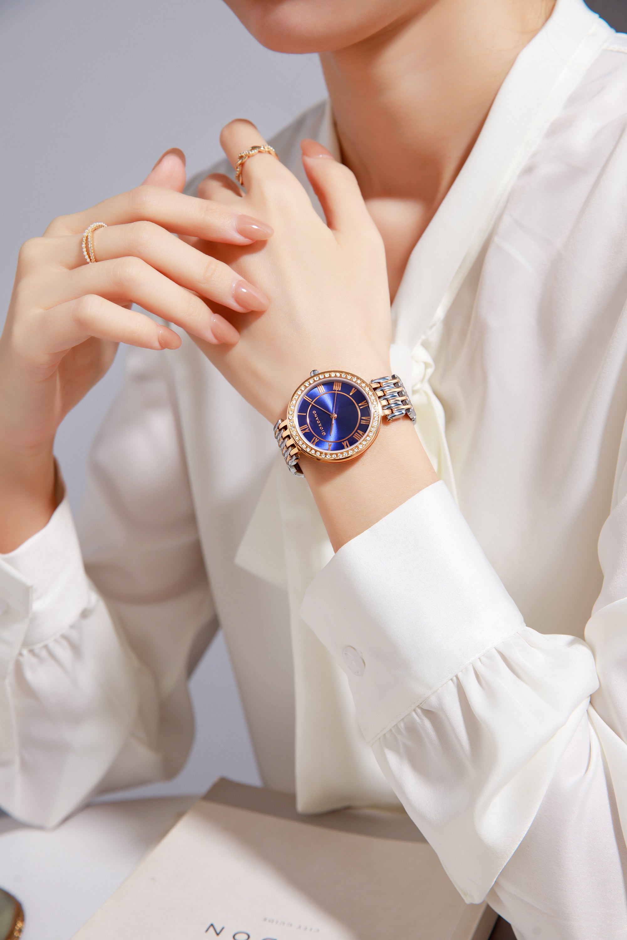 Giordano Eleganza Collection Watch for Women with Stainless Steel Strap and Crystal Embellished Bezel, Roman Numerals-A2083-99