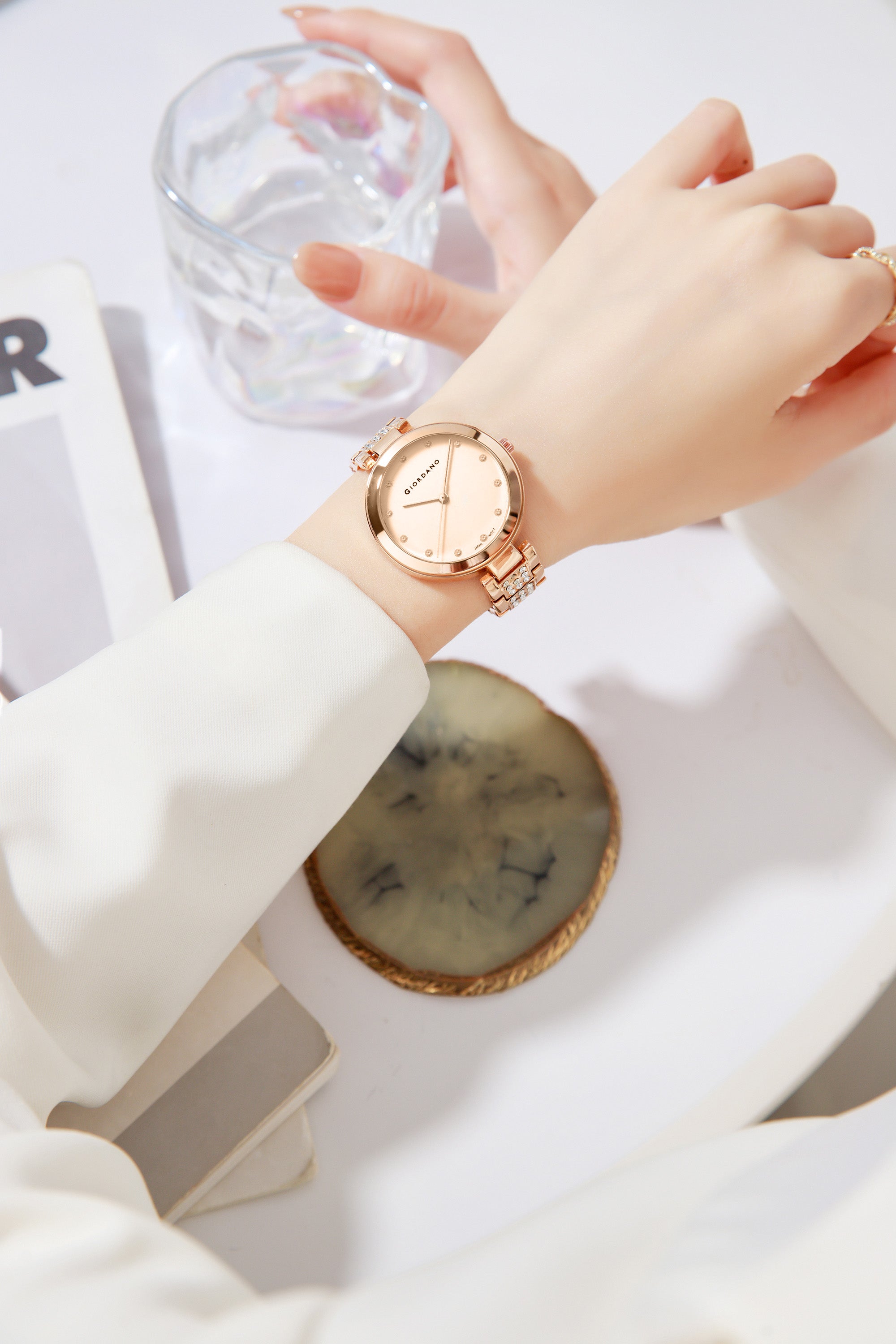 Giordano Eleganza Collection Analog Watch for Women with Crystal-Studded Strap & Diamond Indices-A2037-55