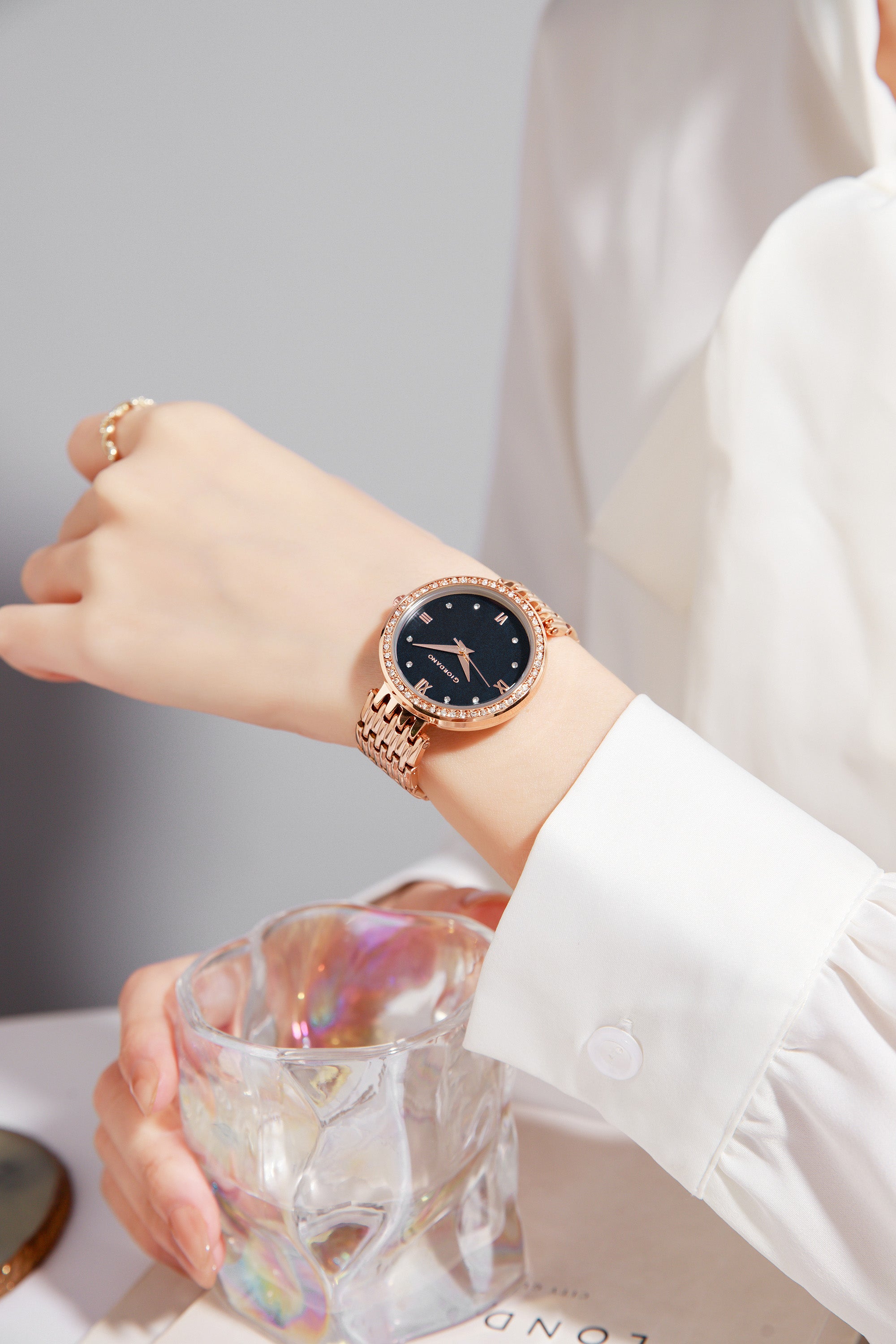 Giordano Analog Watch for Women with Stainless Steel Strap and Crystal Embellished Bezel, Roman Numerals | A2060-11