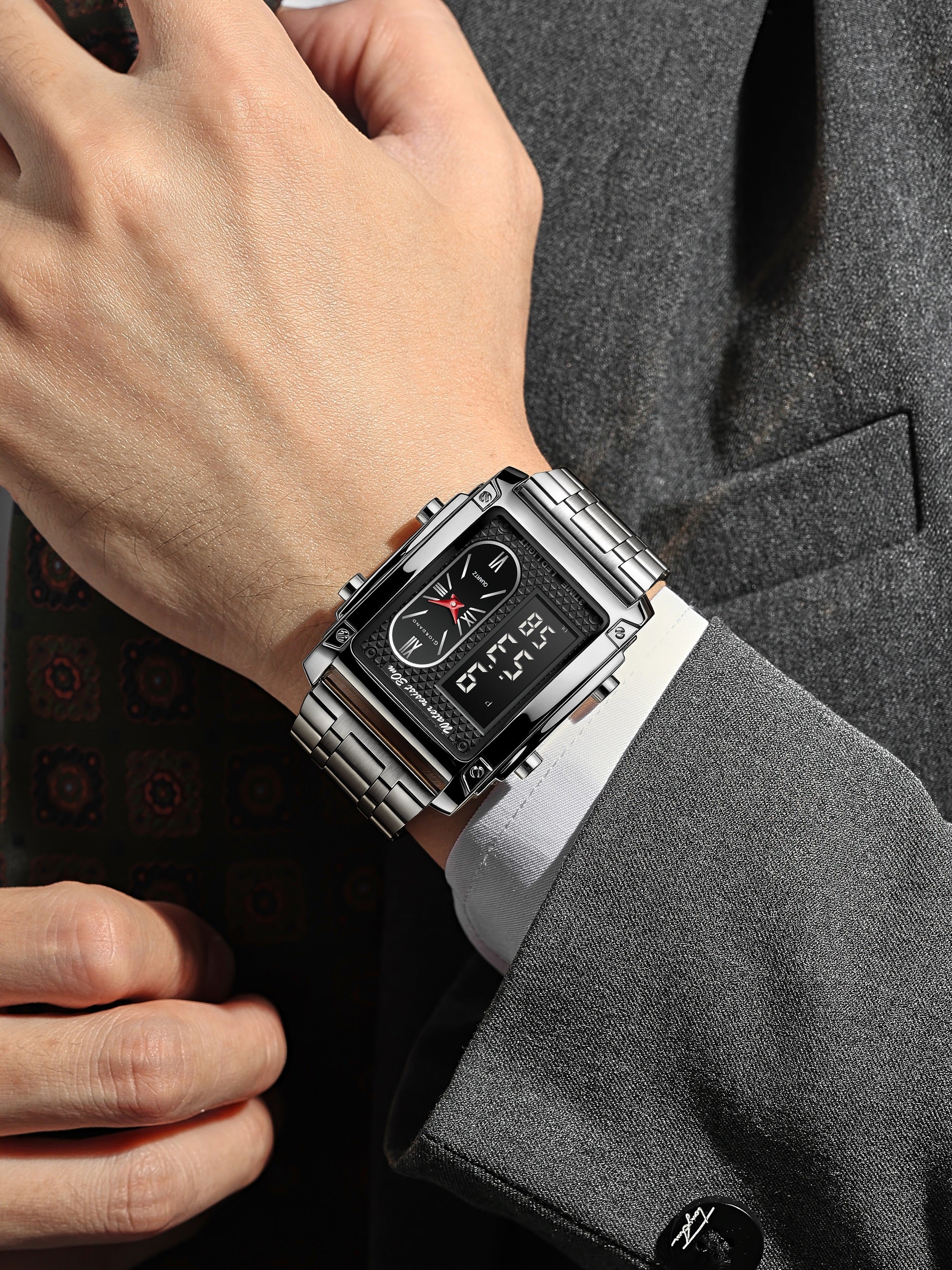 Giordano Analog-Digital Display Watch for Men Quartz Movement, LED Light, Dual Time, Date Function, Stainless Steel Strap - GZ-50184-33