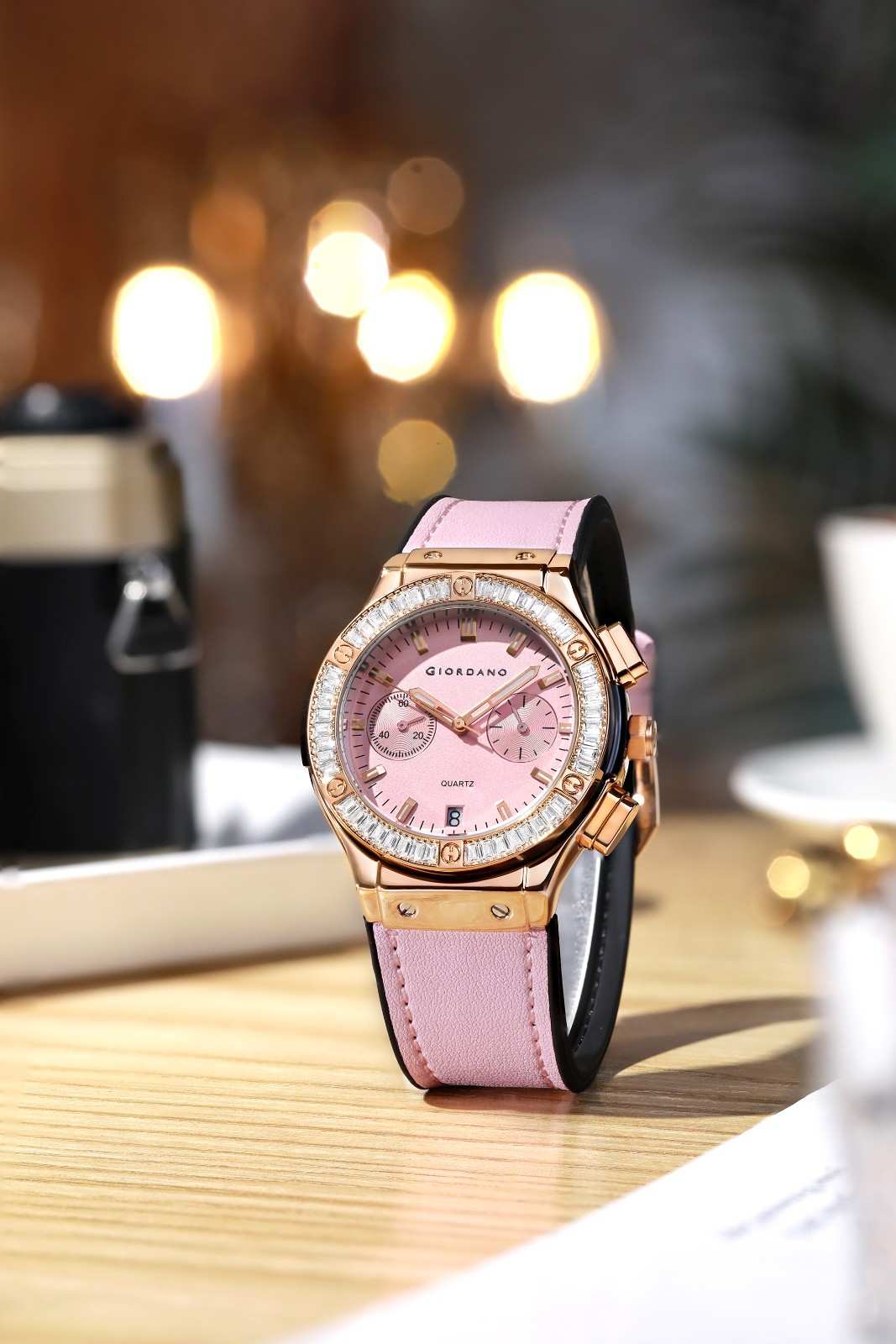 Giordano analog Watch for Women  – Round Dial,  Leather Strap, Crystal-Studded Bezel with Quartz Movement-GZ-60093-04