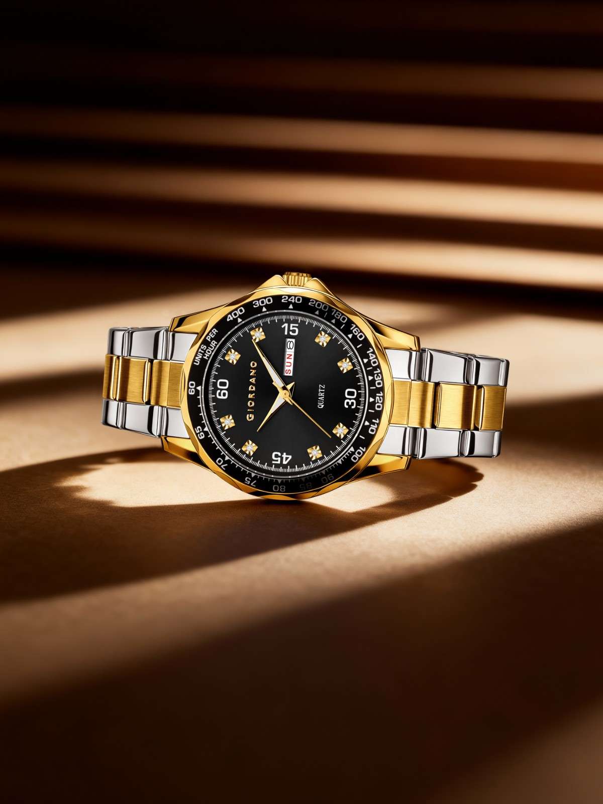 GIORDANO Two-Tone Analog Watch for Men - Crystal Hour Markers, Textured Bezel Design,  Day & Date Display, Stainless Steel Strap, Quartz Movement - GZ-50177-11