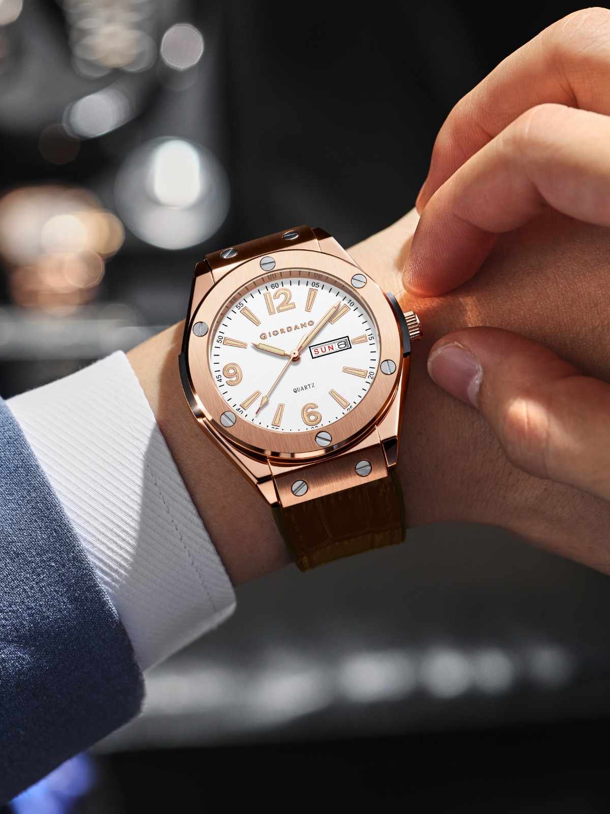 GIORDANO Luxury Watch for Men with Leather Strap, Day-Date Display, Brushed Metal Finish, and Silver Screw Details - GZ-50176-03