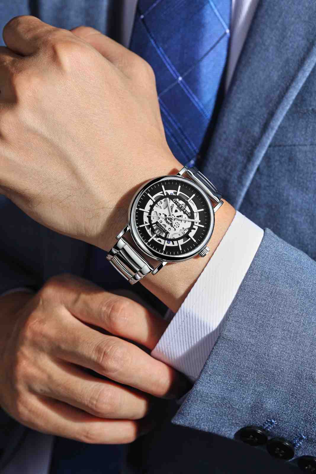 GIORDANO Classic Skeleton Design Watch for Men with Super Luminous Hands, Stainless Steel Strap, and Date Display - GZ-50182-22