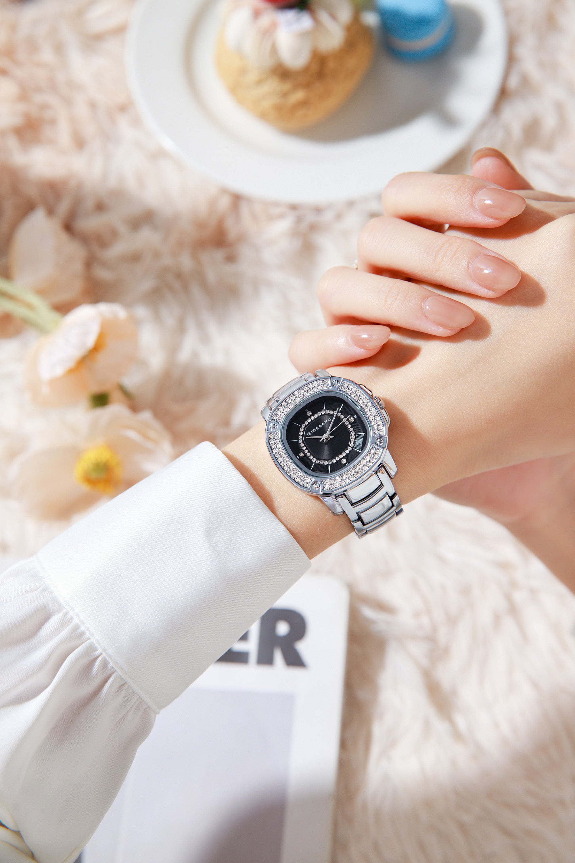 Giordano Analog dress Watch for Women with square dial , Crystal-Accented Bezel and stainless steel strap | GZ-60109-11