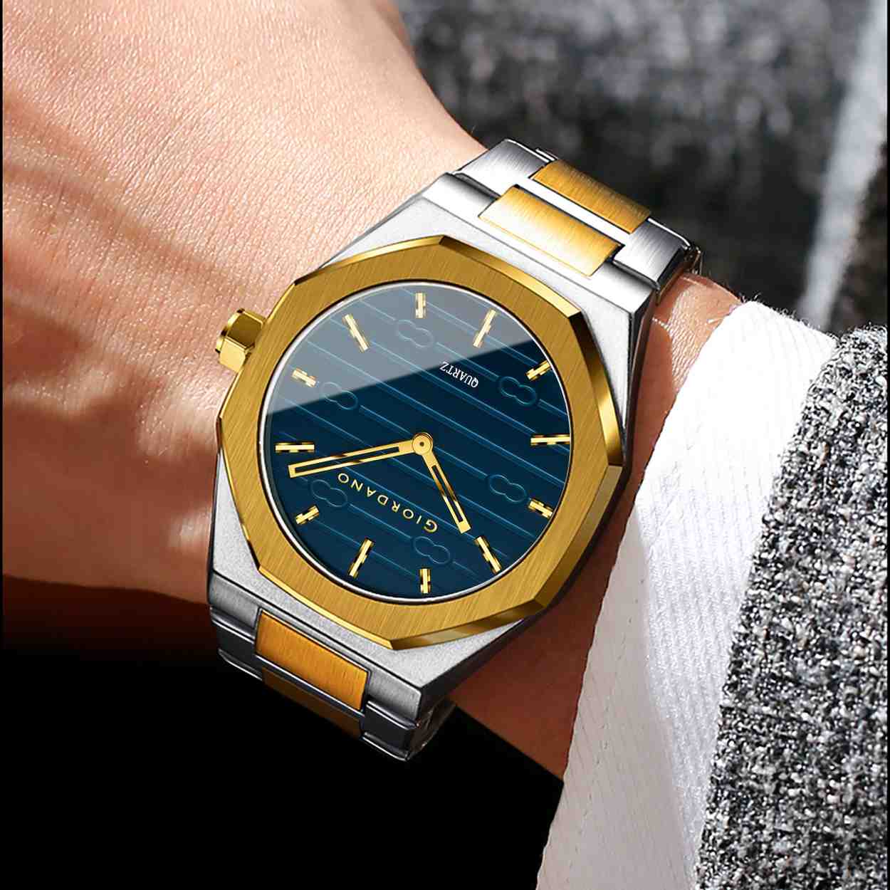 GIORDANO Elegant Analog Watch for Men with Octagonal Textured Dial, Stainless Steel Strap, Luminous Markers, and Quartz Movement - GZ-50178-11