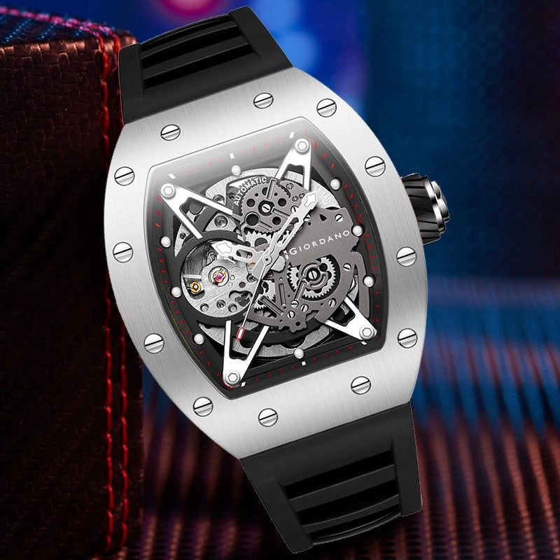 Giordano Automatic Wrist Watch for Men - Open Skeleton Dial | Brushed Steel Case Mechanical Movement with Silicone Strap | GZ-50145-02