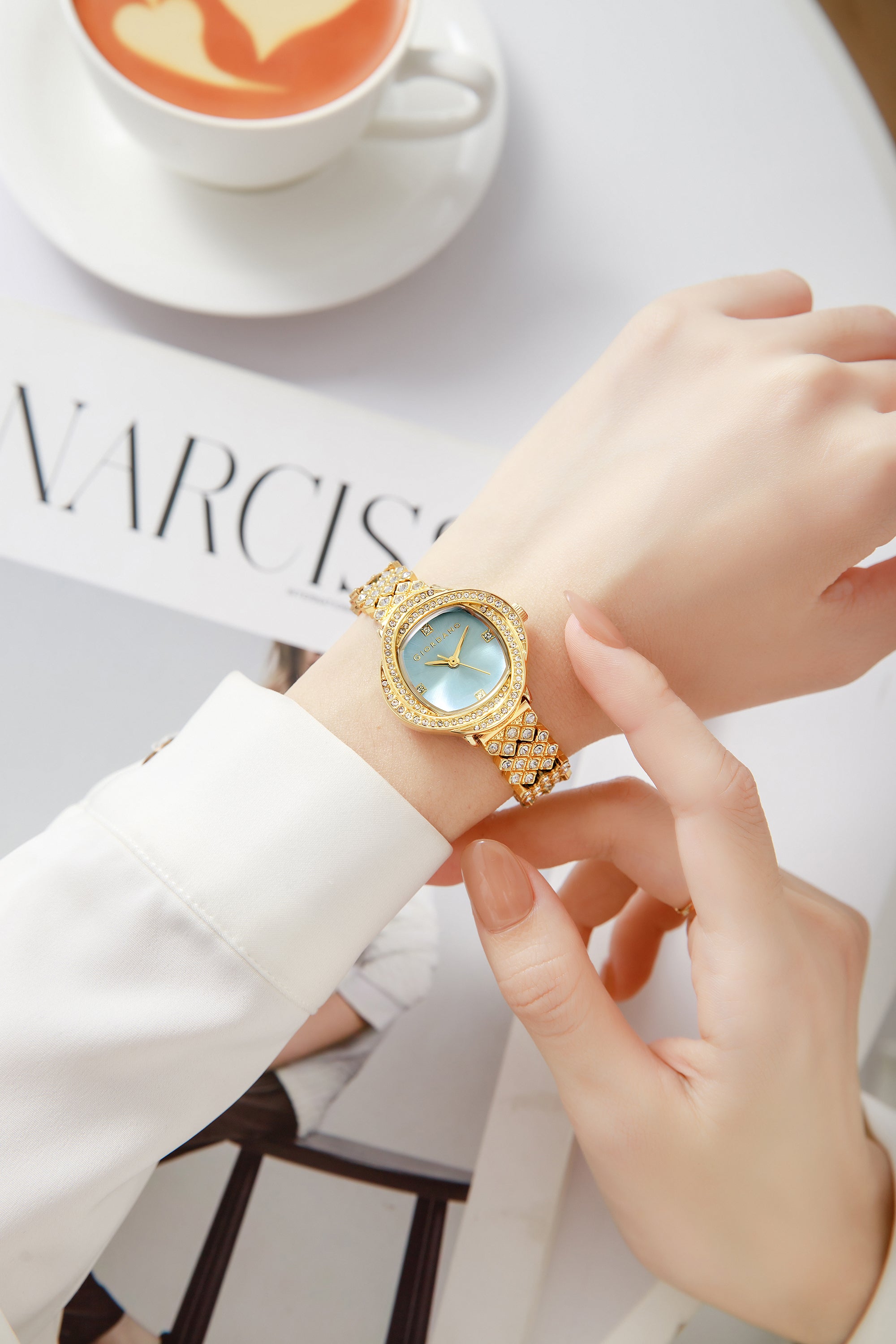 Giordano Luxury Crystal Watch for Women, Stainless Steel Strap, Diamond-Studded Bezel, Elegant Dress Timepiece | GZ-60120-33