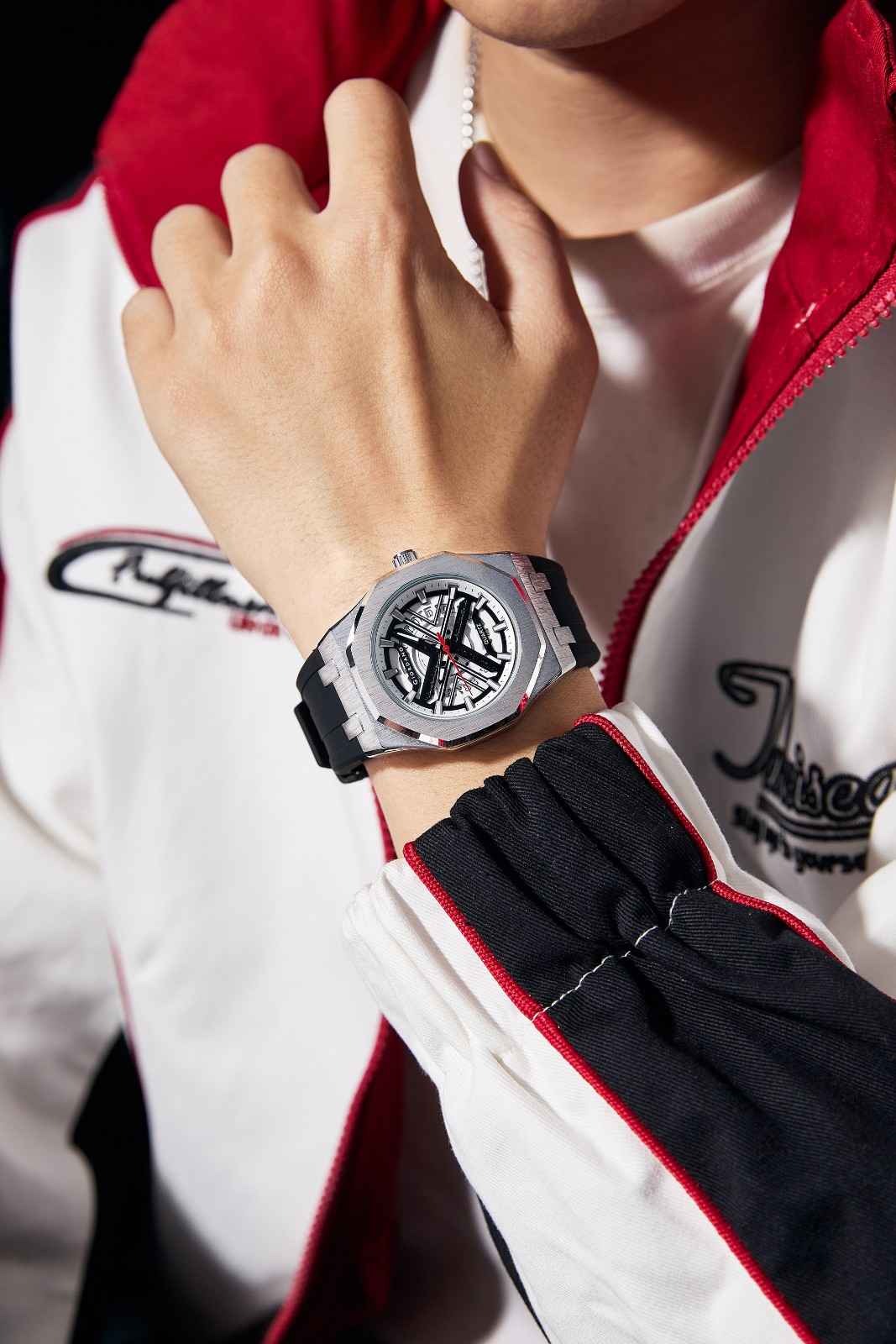 Giordano Analog Quartz Watch for Men – Bold Octagonal Case, Skeleton-Style Dial with Red Seconds Hand, Textured Rubber Strap, Sporty Casual Timepiece - GZ-50185-22