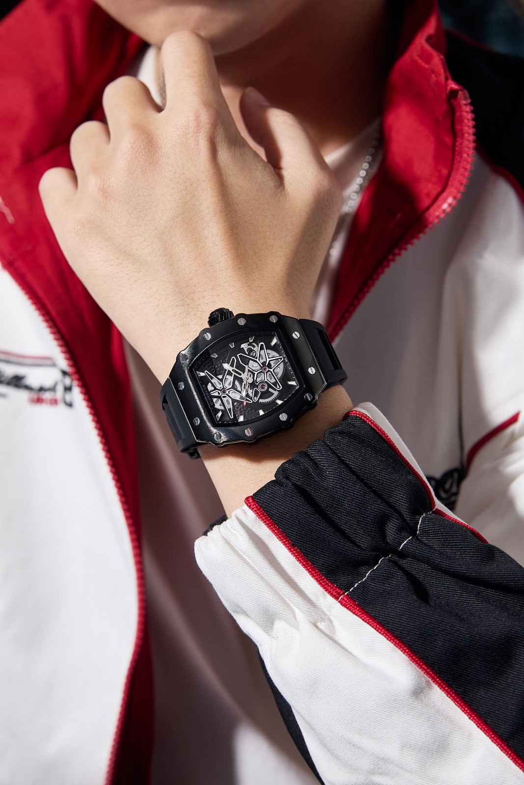 Giordano Analog Skeleton Dial Watch for Men – Tonneau Case, Silicone Strap, Open-Gear Sport Design, Quartz Movement - GZ-50188-11