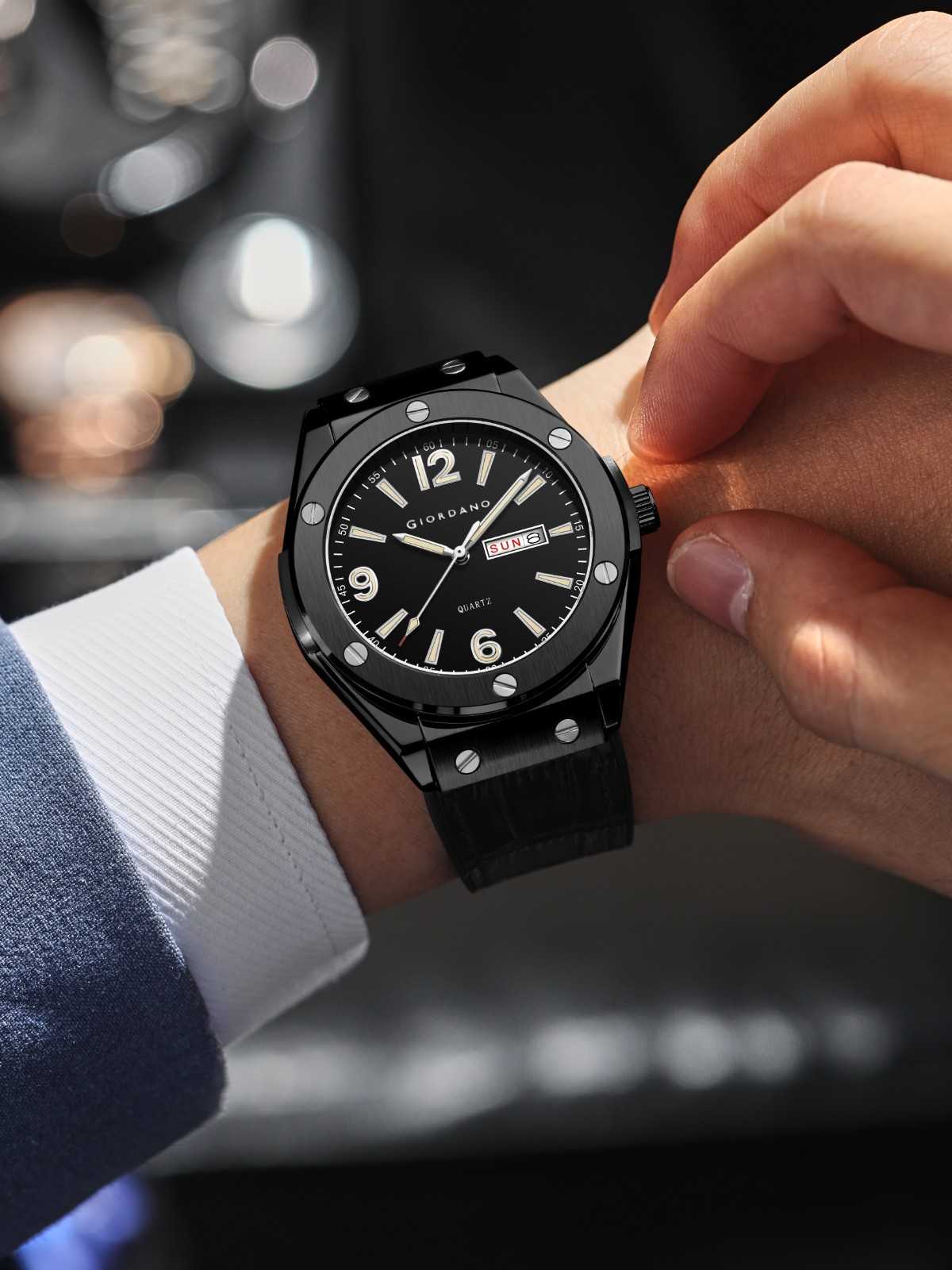 GIORDANO Luxury Watch for Men with Leather Strap, Day-Date Display, Brushed Metal Finish, and Silver Screw Details - GZ-50176-01