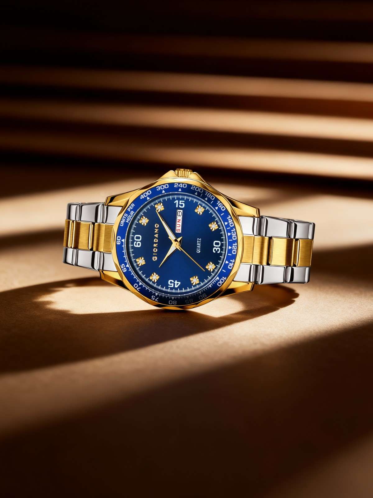 GIORDANO Two-Tone Analog Watch for Men - Crystal Hour Markers, Textured Bezel Design,  Day & Date Display, Stainless Steel Strap, Quartz Movement - GZ-50177-22