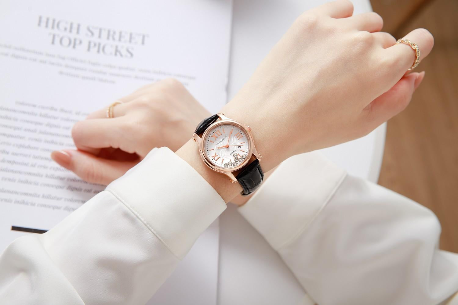 Giordano Luxury Analog Quartz Watch for Women – Rose Gold Case, Roman Numerals, Crystal-Studded Dial, Leather Strap – Elegant Timepiece - GZ-60142-11