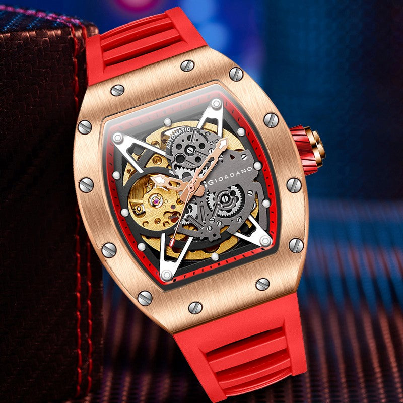 Giordano Automatic Wrist Watch for Men - Open Skeleton Dial | Brushed Steel Case Mechanical Movement with Silicone Strap | GZ-50145-03