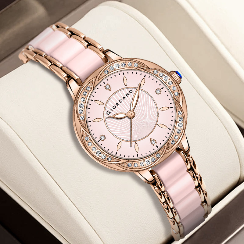 Giordano Flower Case Watch for Women with Crystal-Studded Bezel, Diamond Hour Markers & Dual Tone Stainless Strap | GZ-60095-22