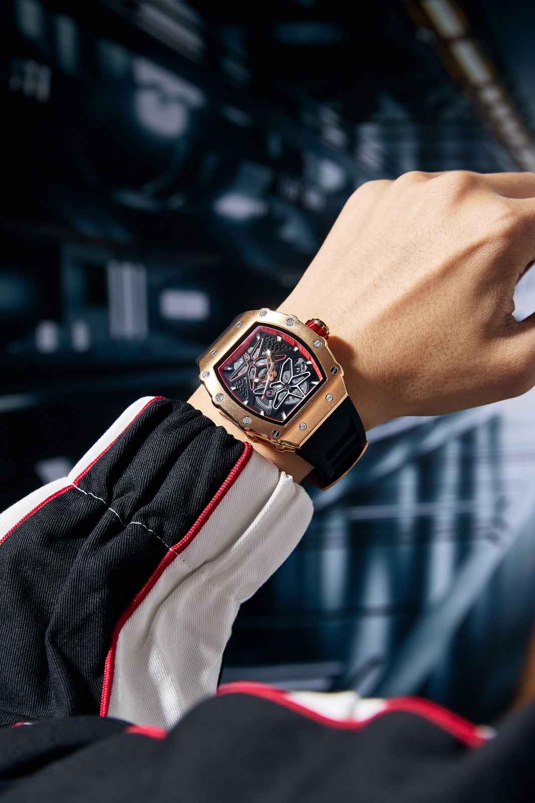 Giordano Analog Skeleton Dial Watch for Men – Tonneau Case, Silicone Strap, Open-Gear Sport Design, Quartz Movement - GZ-50188-22