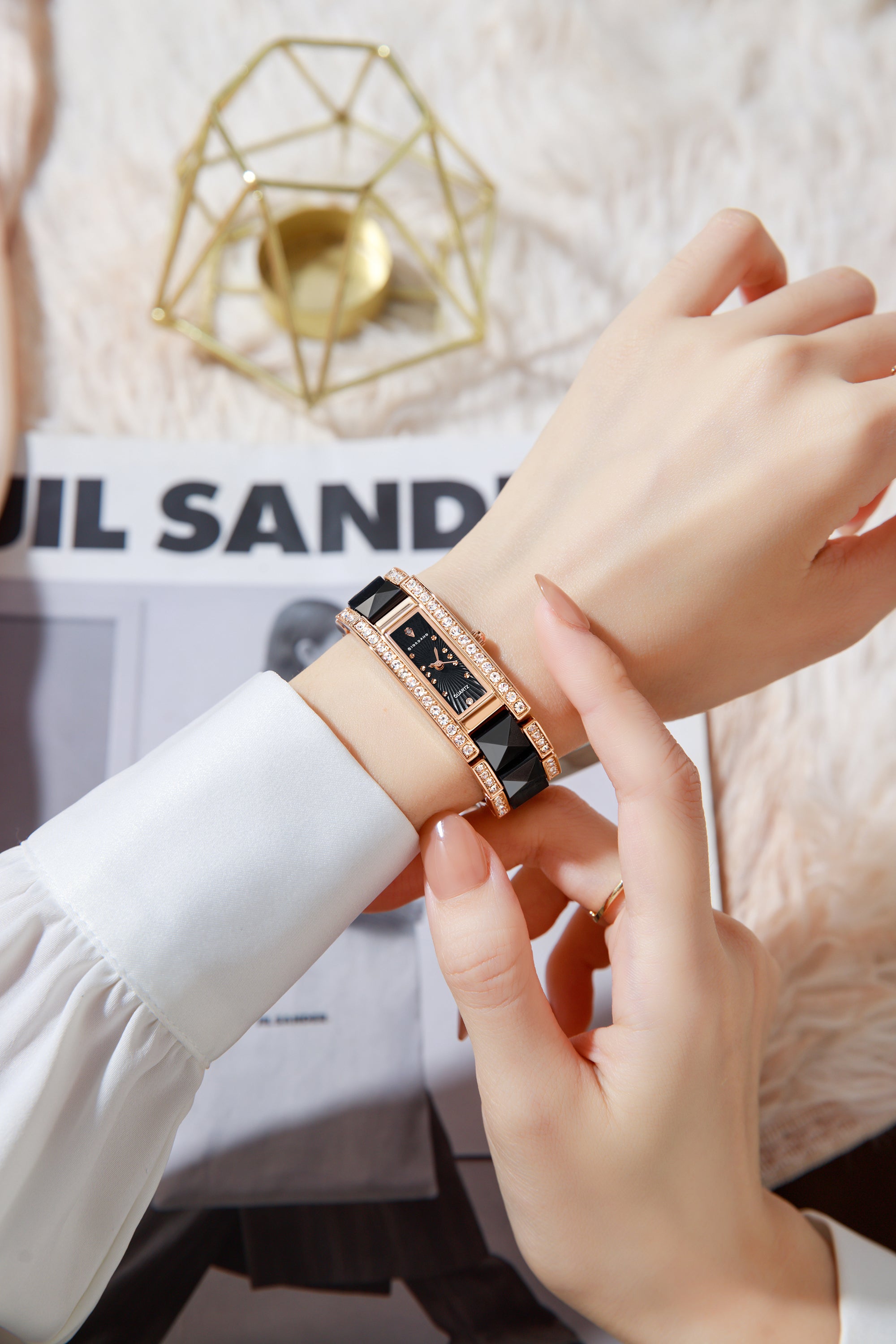 Giordano Luxury Crystal Studded Bracelet Watch for Women -  Elegant Rectangular Dial, Quartz Movement and stainless steel strap | GZ-60104-11