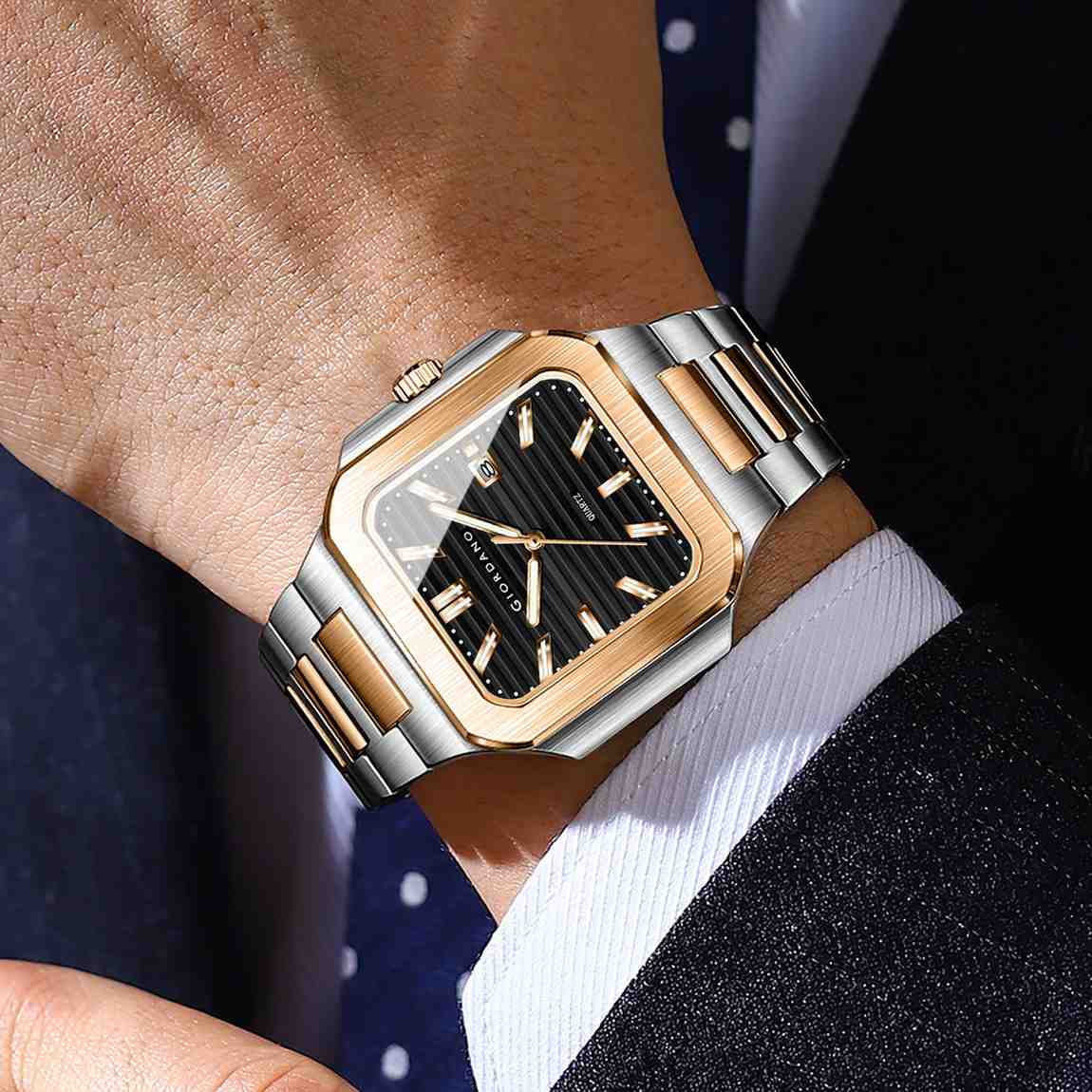 GIORDANO Analog Square Watch for Men – Textured Dial, Two-Tone Stainless Steel Strap, Quartz Movement and Date Display - GZ-50174-11