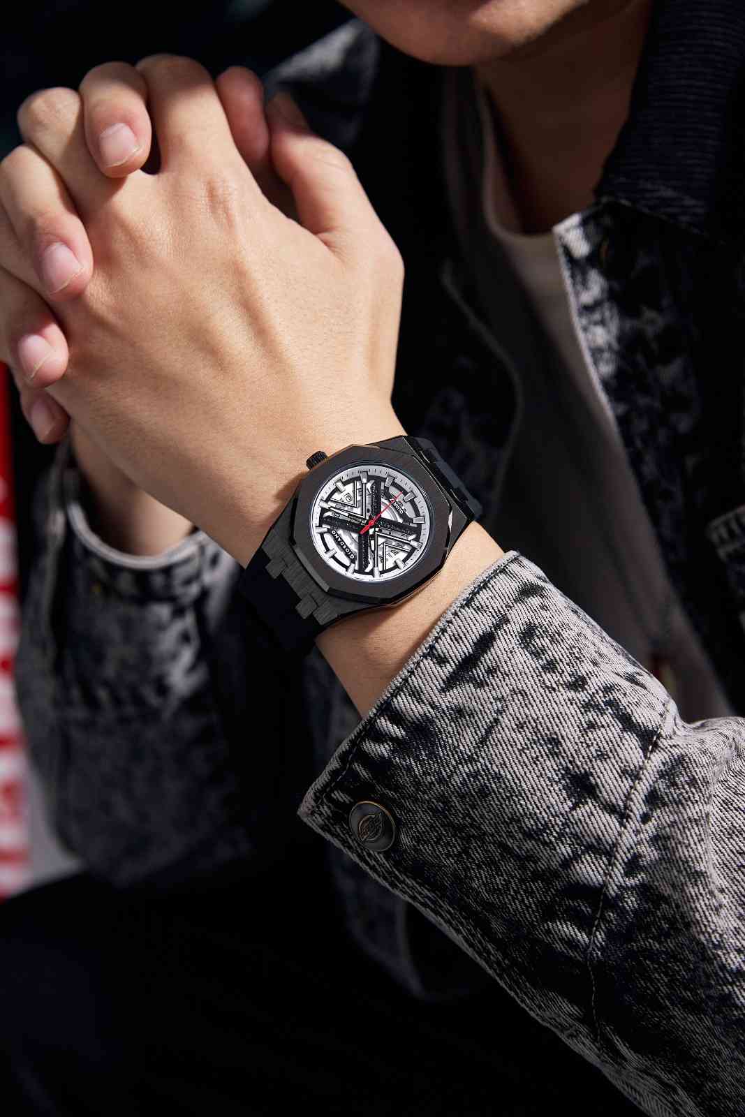 Giordano Analog Quartz Watch for Men – Bold Octagonal Case, Skeleton-Style Dial with Red Seconds Hand, Textured Rubber Strap, Sporty Casual Timepiece - GZ-50185-11