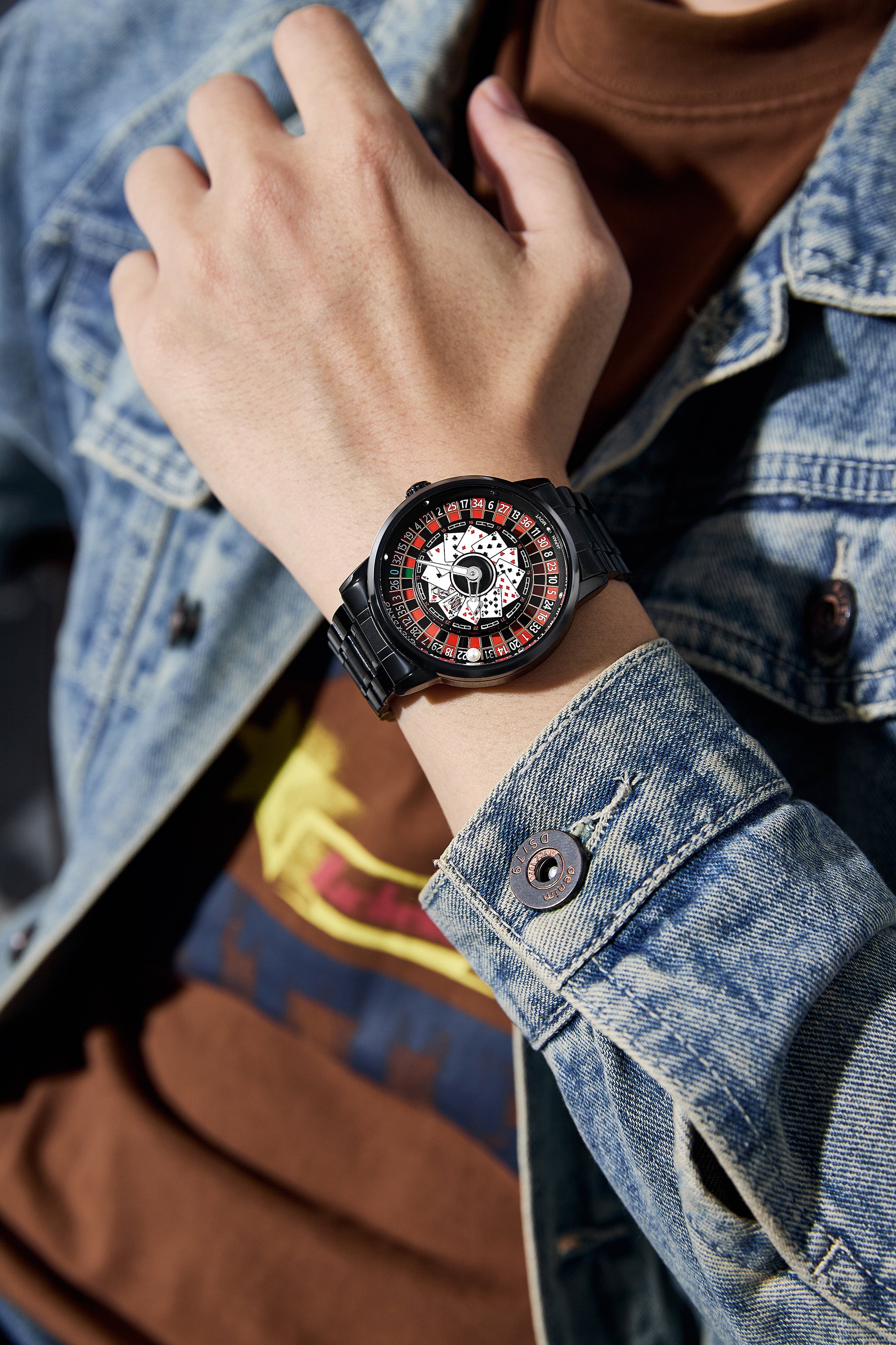 Giordano Casino Royale Analog Watch for Men– Unique Poker & Roulette Dial Design with Stainless Steel Strap – Stylish Luxury Watch GZ-50136-11