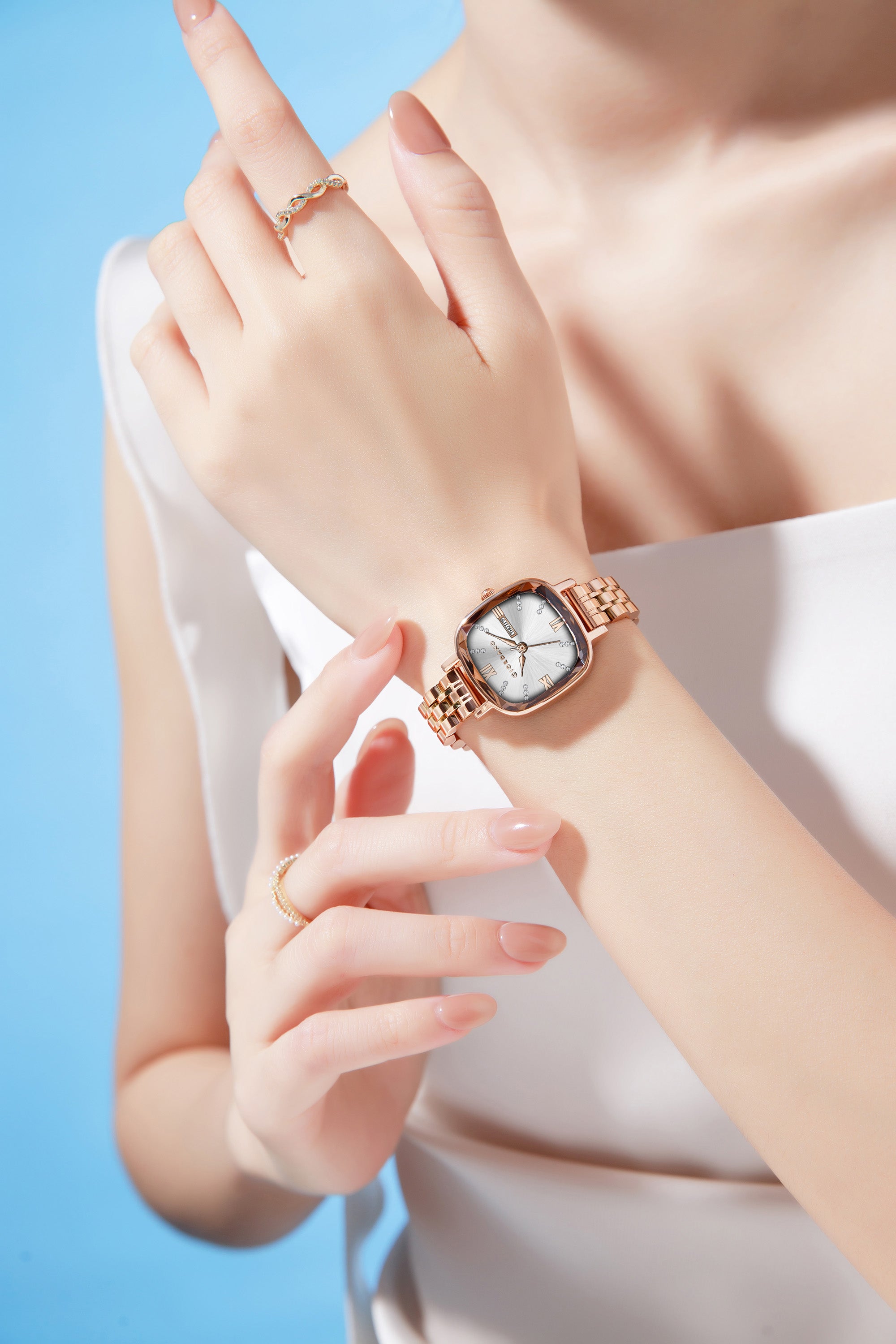 Giordano Elegant Square Watch for Women – Crystal & Roman Hour Markers, Day-Date Display, Stainless Steel Strap | GZ-60097-55