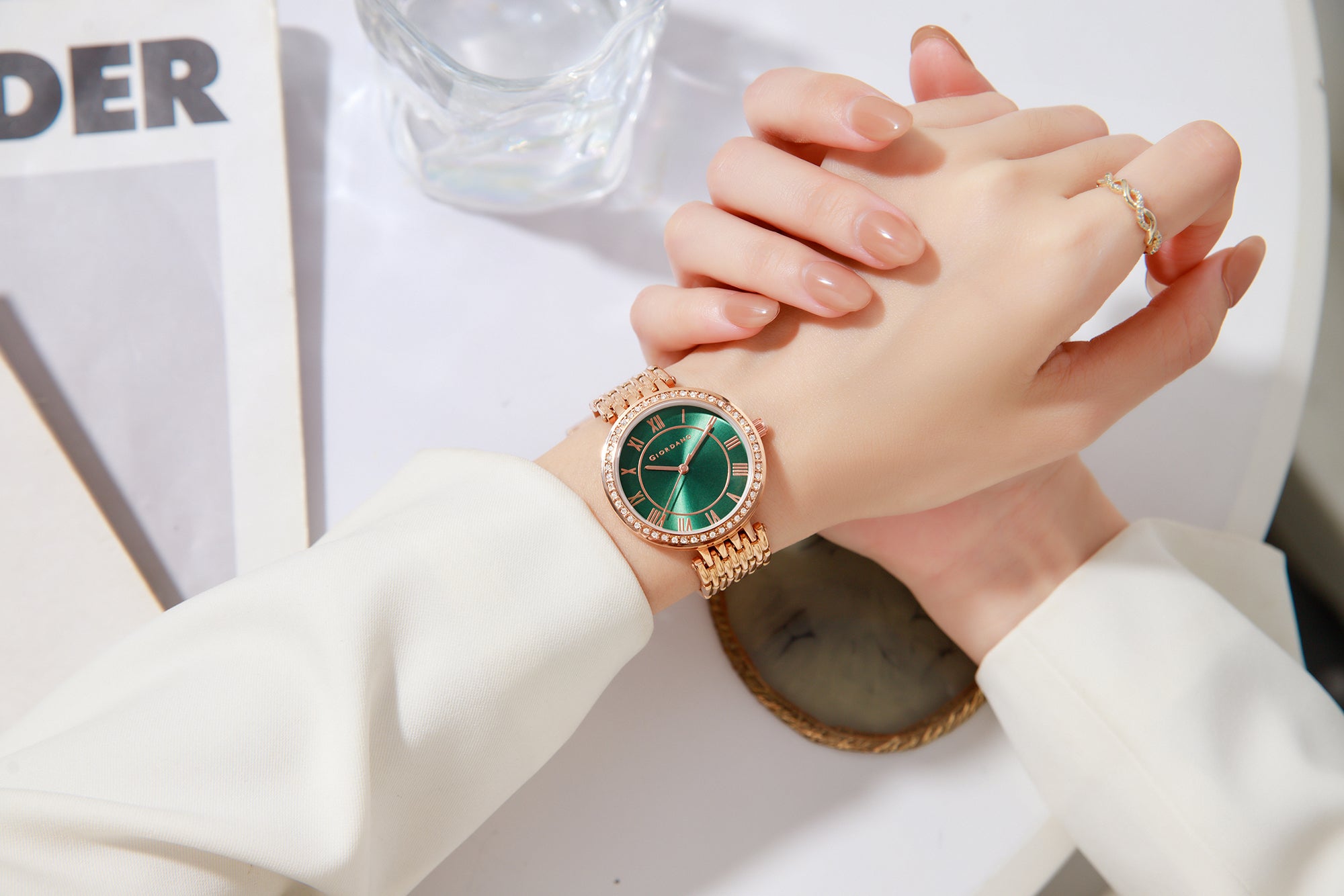 Giordano Eleganza Collection Watch for Women with Stainless Steel Strap and Crystal Embellished Bezel, Roman Numerals-A2083-11B