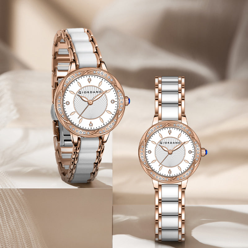 Giordano Flower Case Watch for Women with Crystal-Studded Bezel, Diamond Hour Markers & Dual Tone Stainless Strap | GZ-60095-33